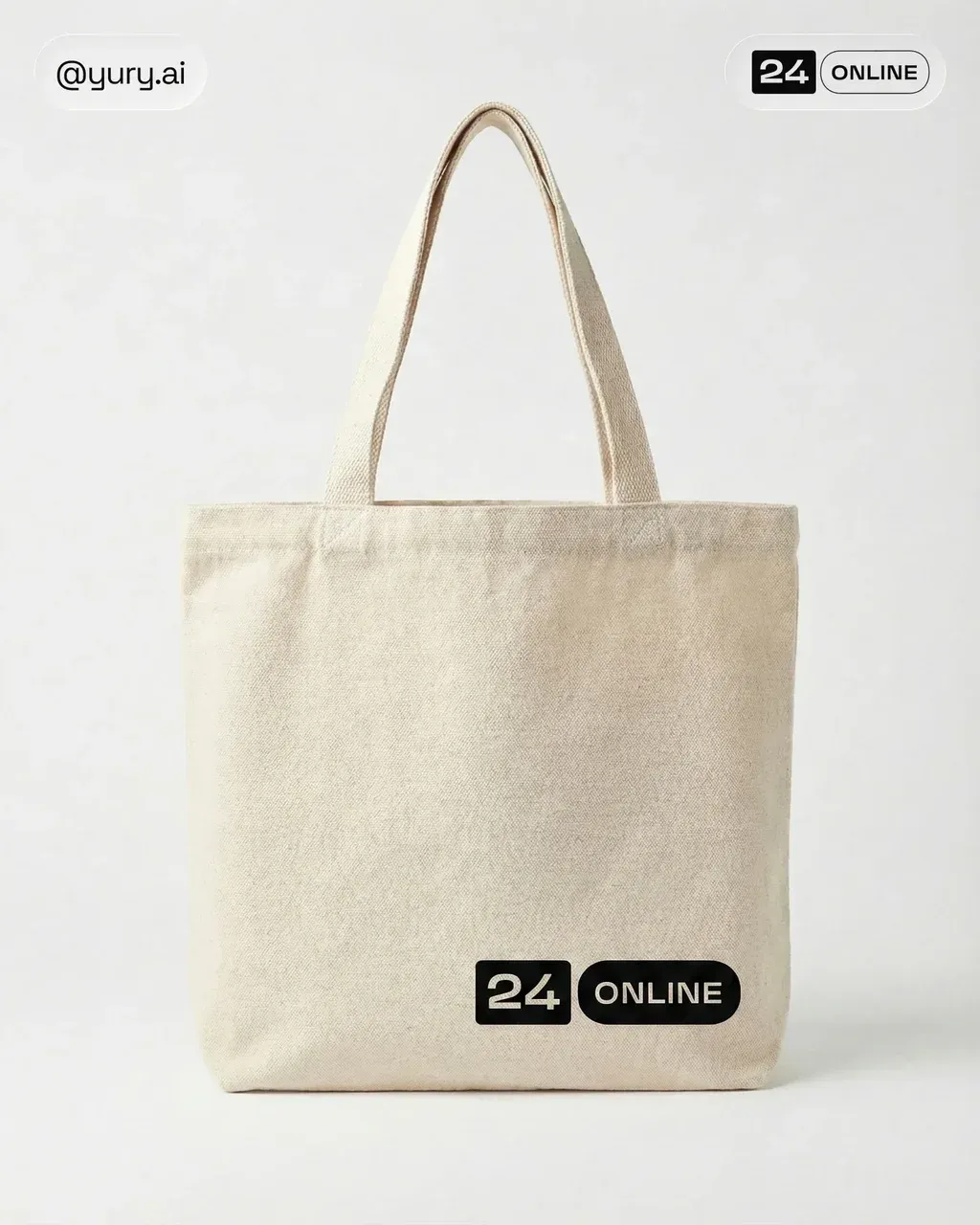 Hyper-realistic product photo of three canvas tote bags with short