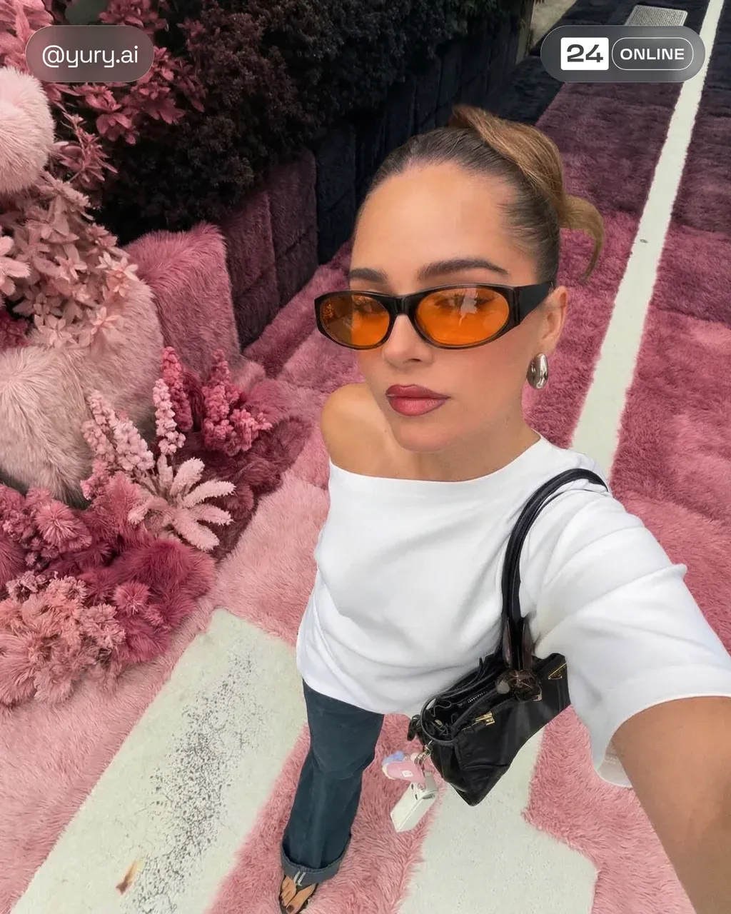 Hyper-realistic selfie-style fashion photo of a young woman in her