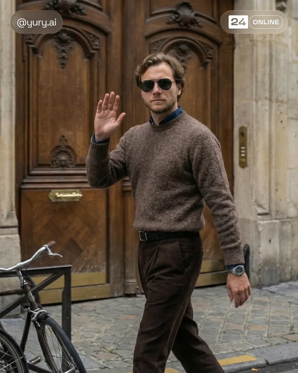Hyper-realistic editorial street style photo of a stylish man in
