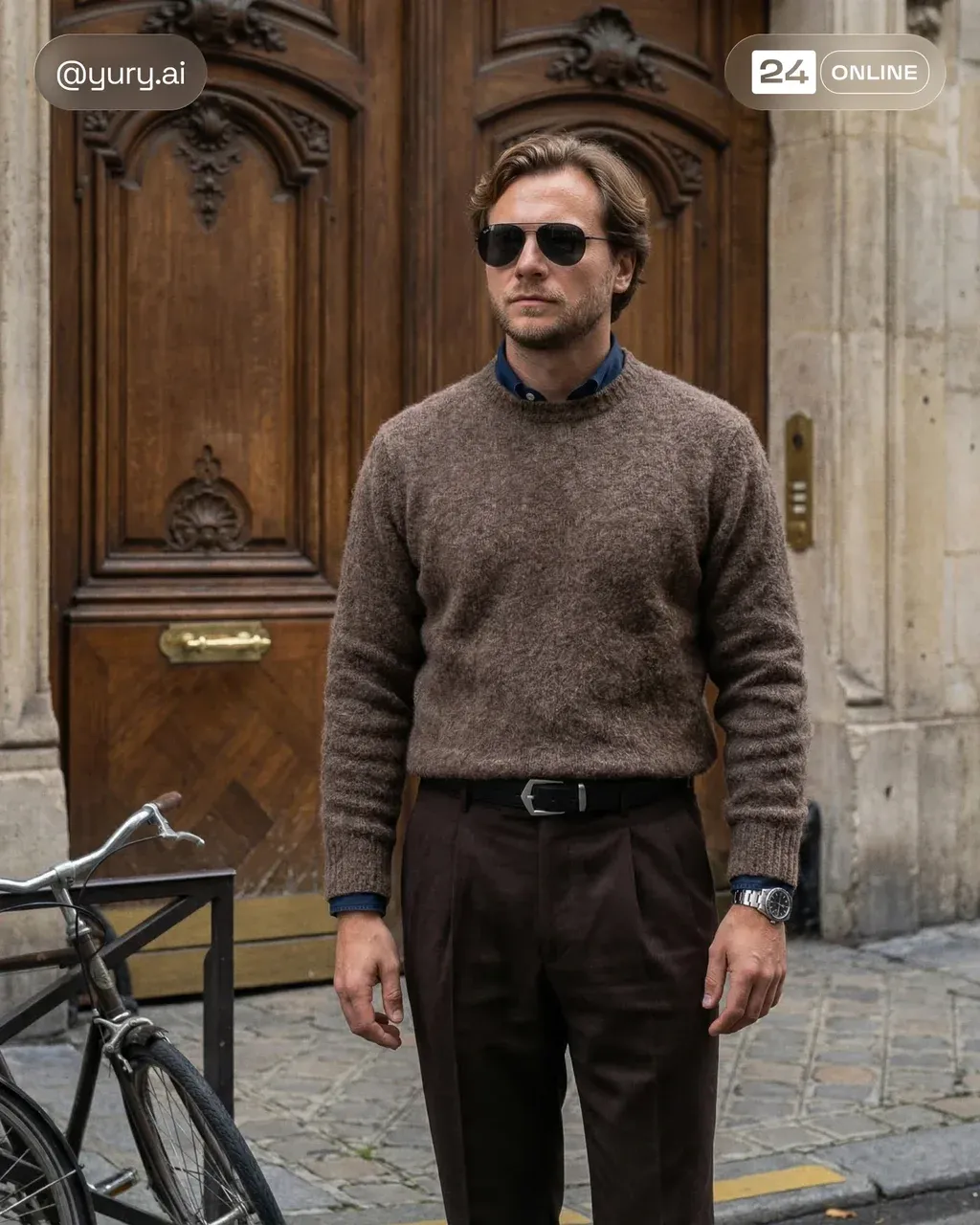 Hyper-realistic editorial street style photo of a stylish man in