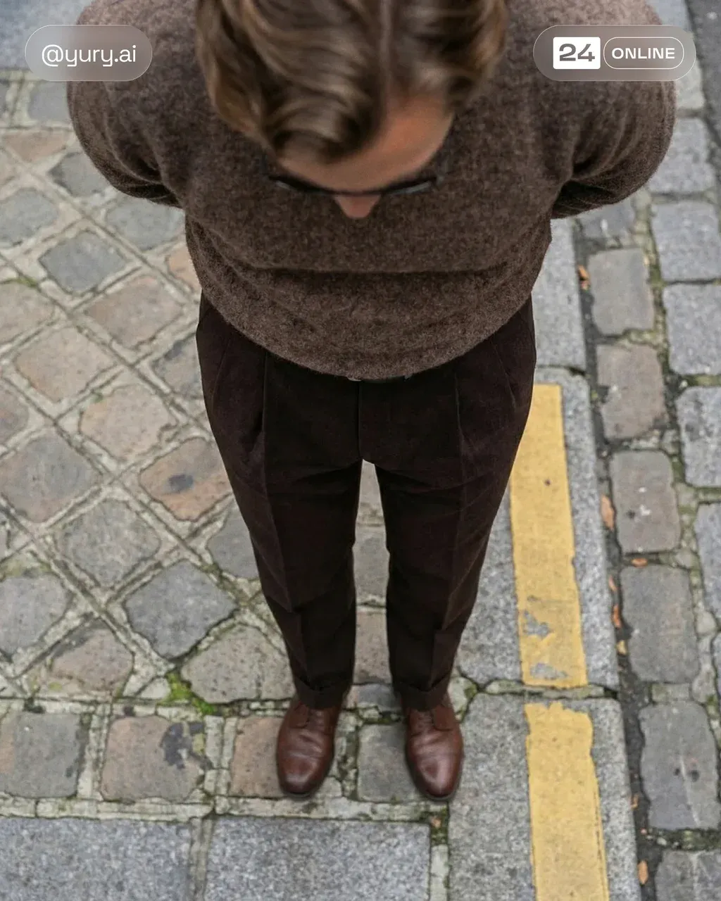 Hyper-realistic editorial fashion photo shot directly overhead looking down at