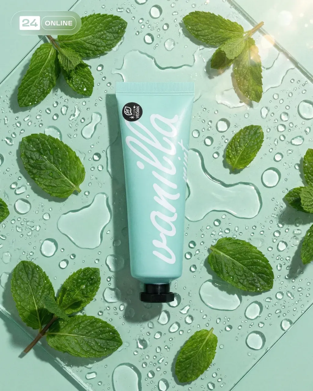 Flat lay product photography of a light blue cosmetic tube