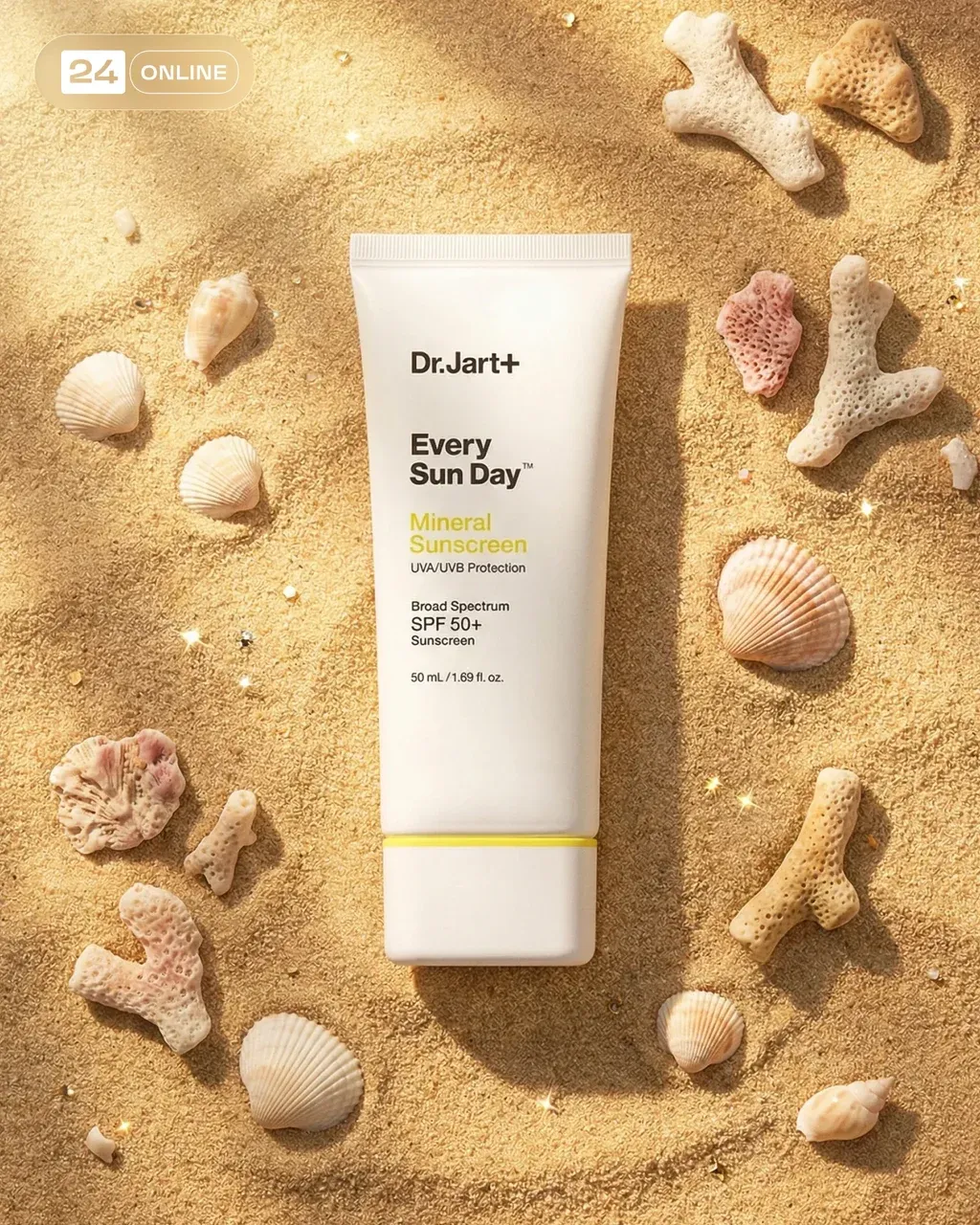 Flat lay product photography of a white sunscreen tube standing