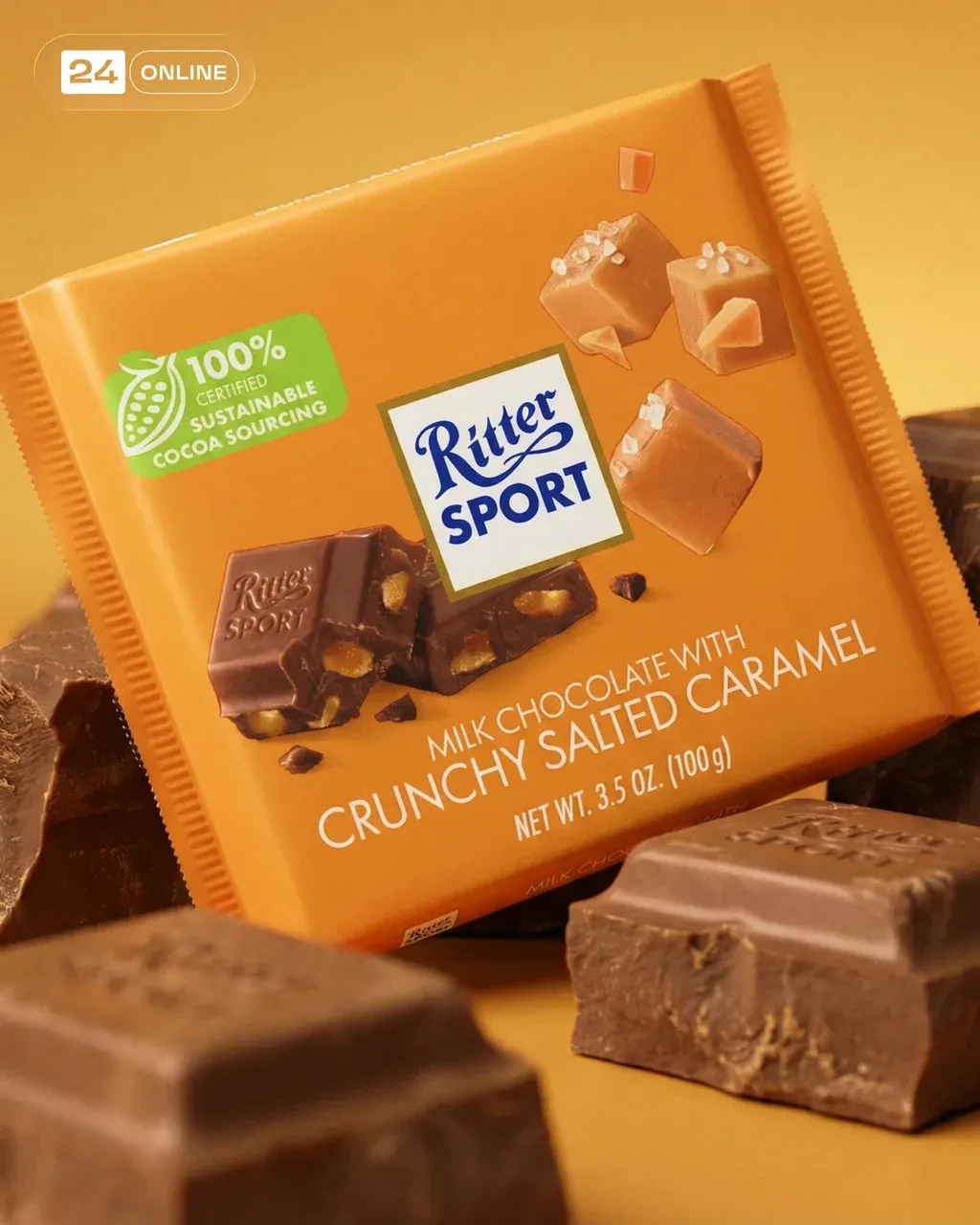 Minimal symmetrical composition of a chocolate bar centered with broken