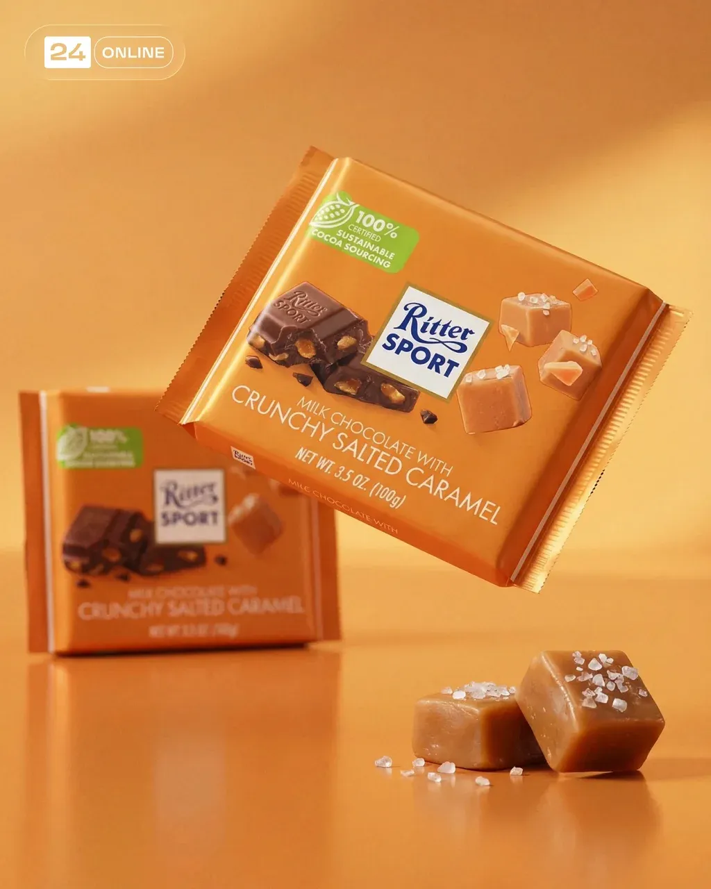 Dynamic product photography of a chocolate bar slightly tilted in