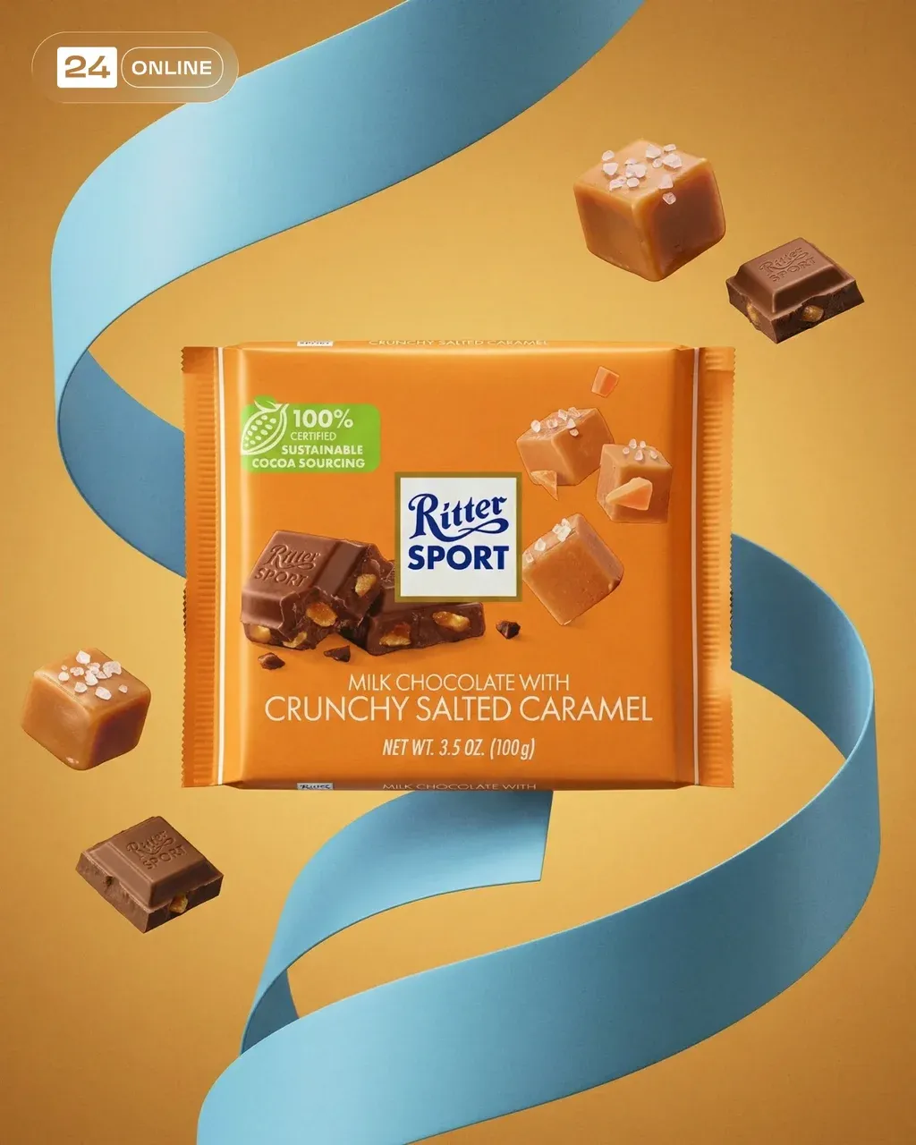 Premium product shot of a chocolate bar centered with floating