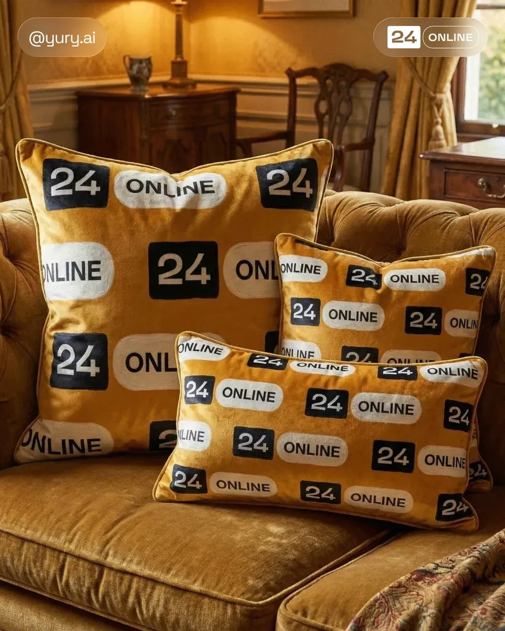 Hyper-realistic product lifestyle photo of three velvet cushions in different