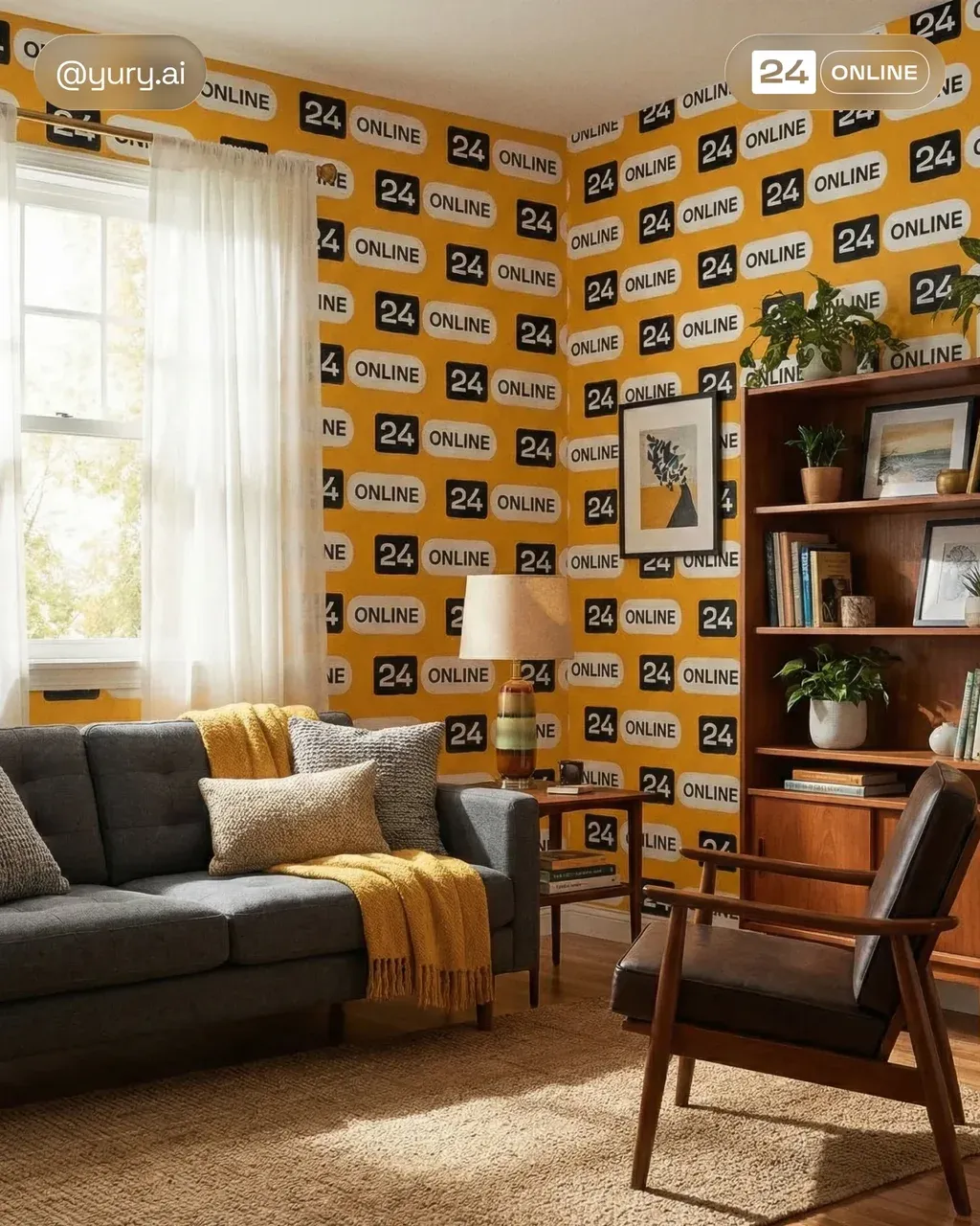 Hyper-realistic interior lifestyle photo of a cozy mid-century modern living