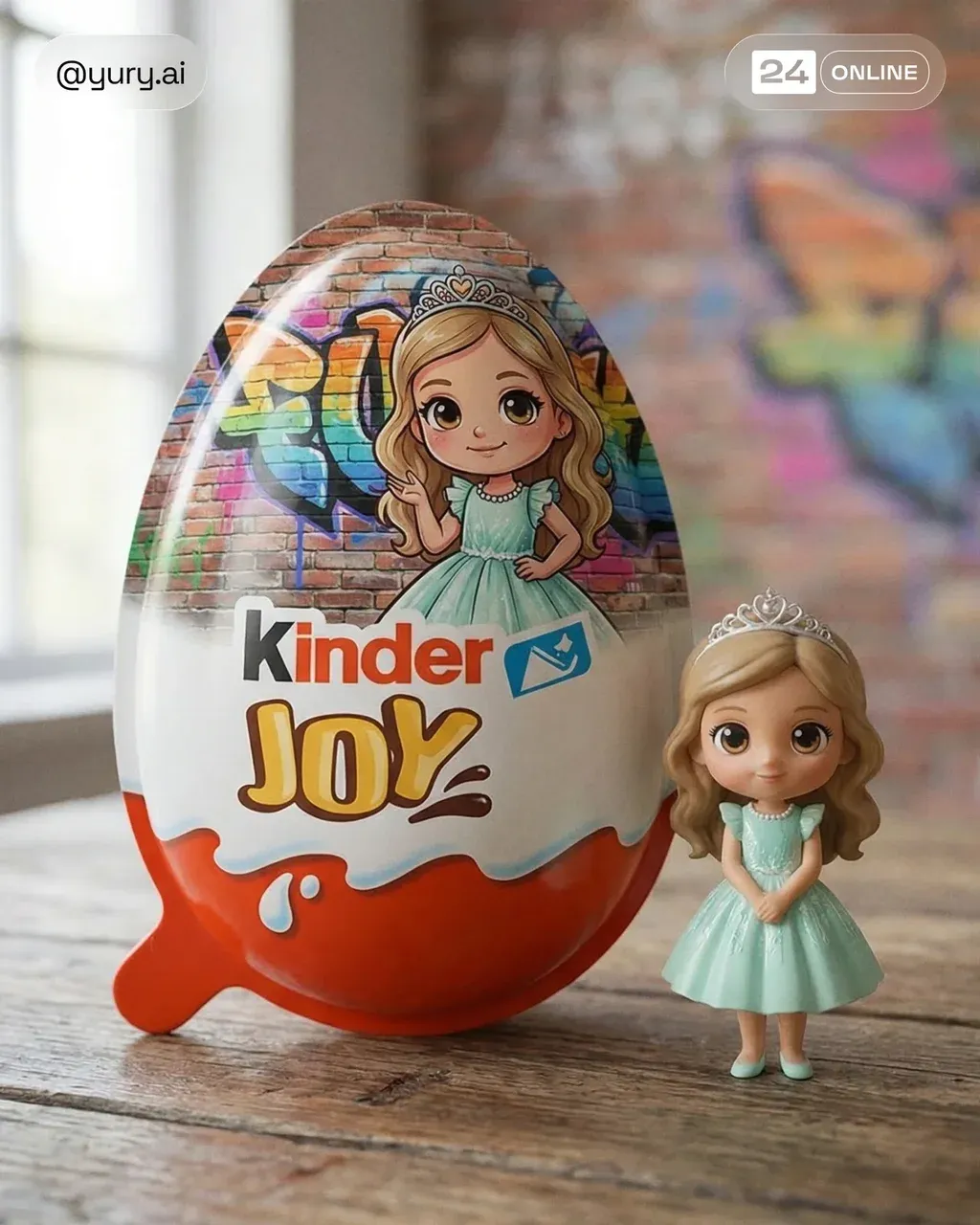 Hyper-realistic product photo of a Kinder Joy surprise egg standing
