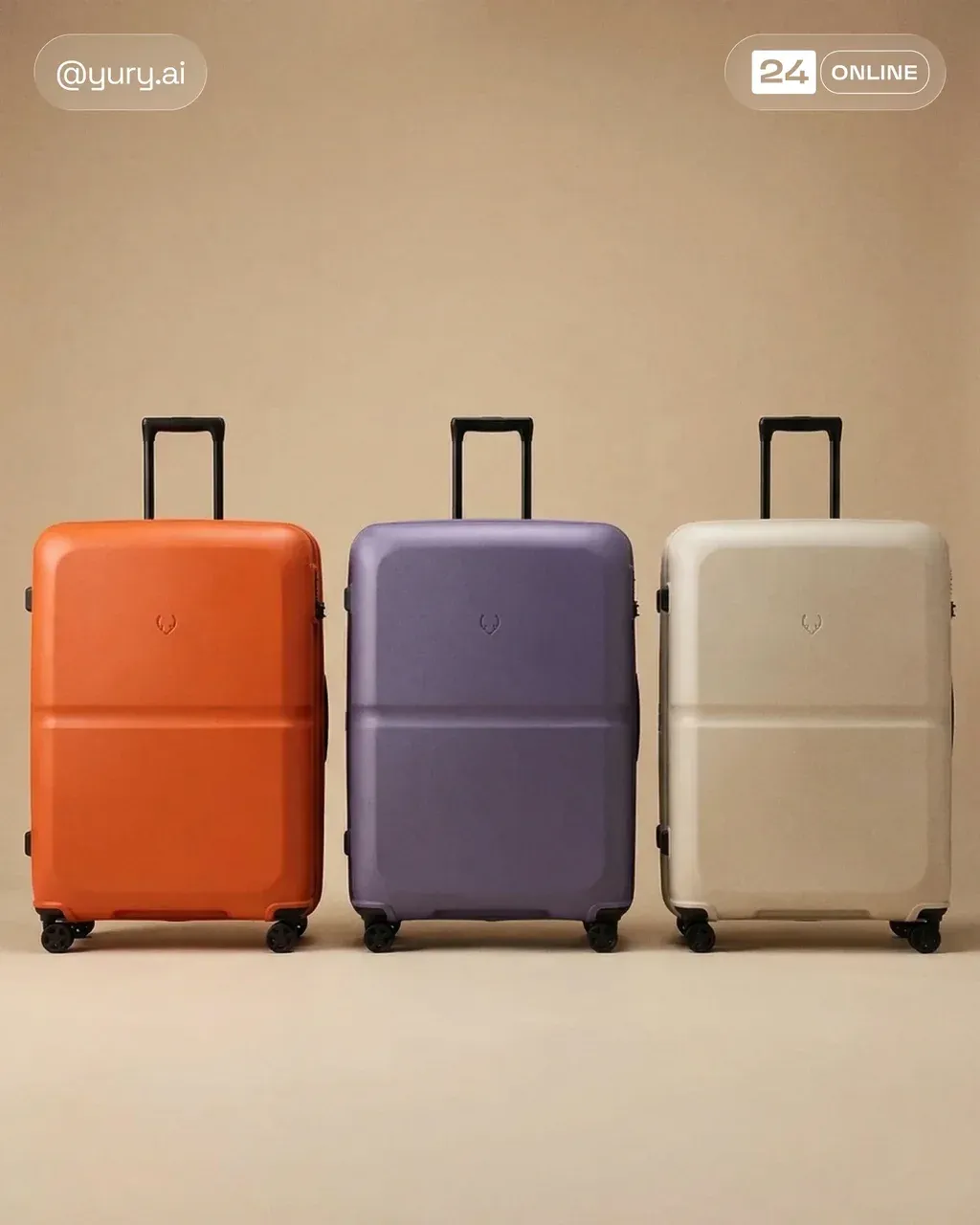 Hyper-realistic product studio photo of three identical hardshell suitcases stan…