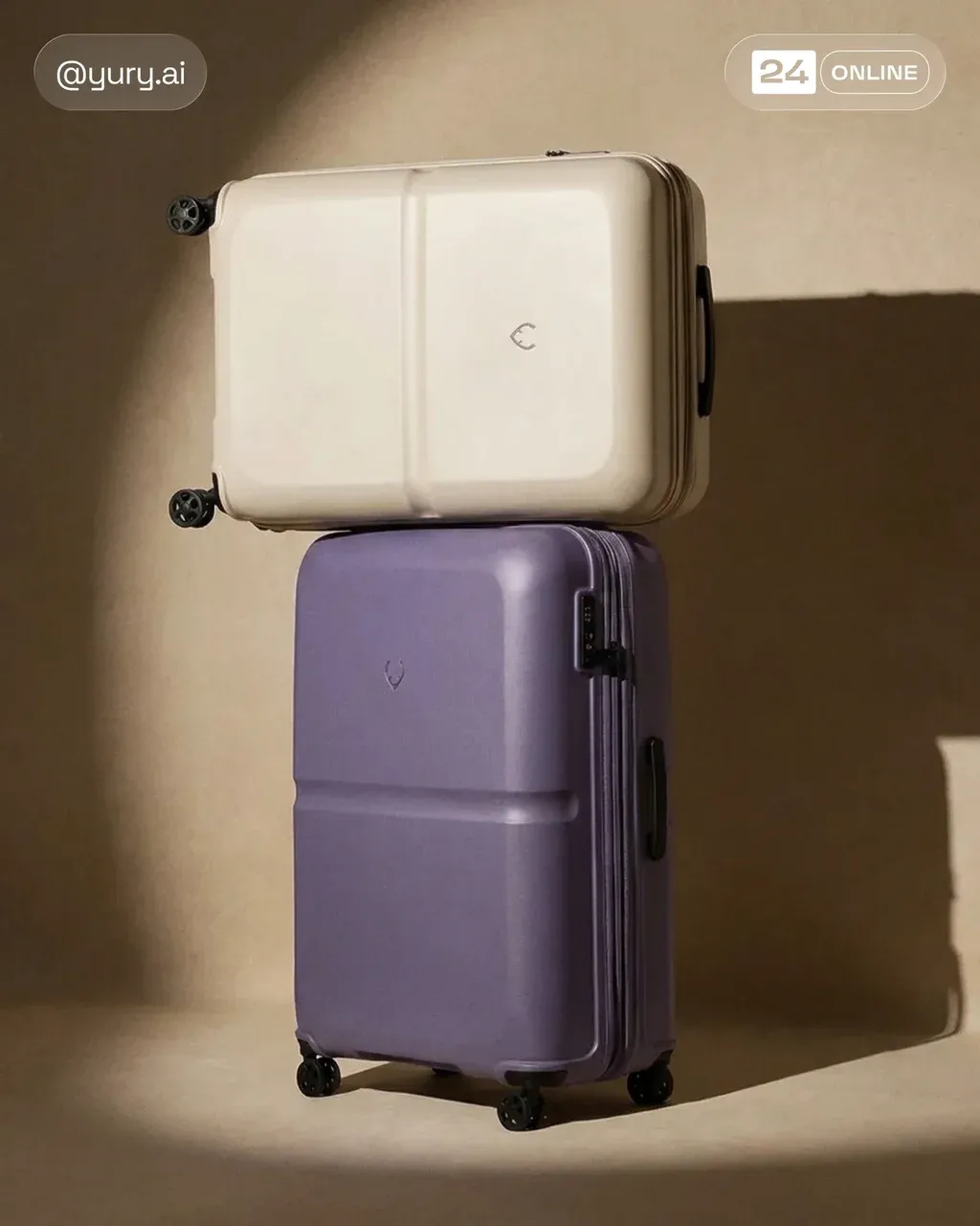 Hyper-realistic product photo of two hardshell suitcases stacked on top