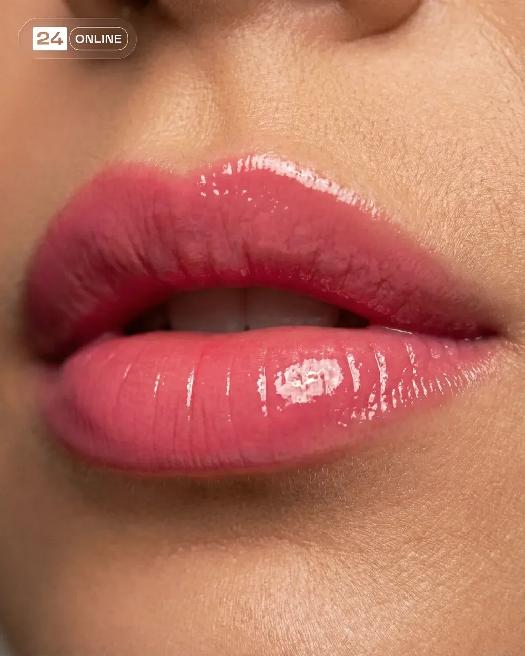 Hyper-realistic extreme close-up beauty macro photography of full glossy lips