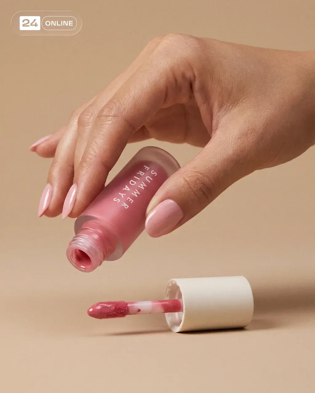 Hyper-realistic editorial beauty product photography of a woman's hand with