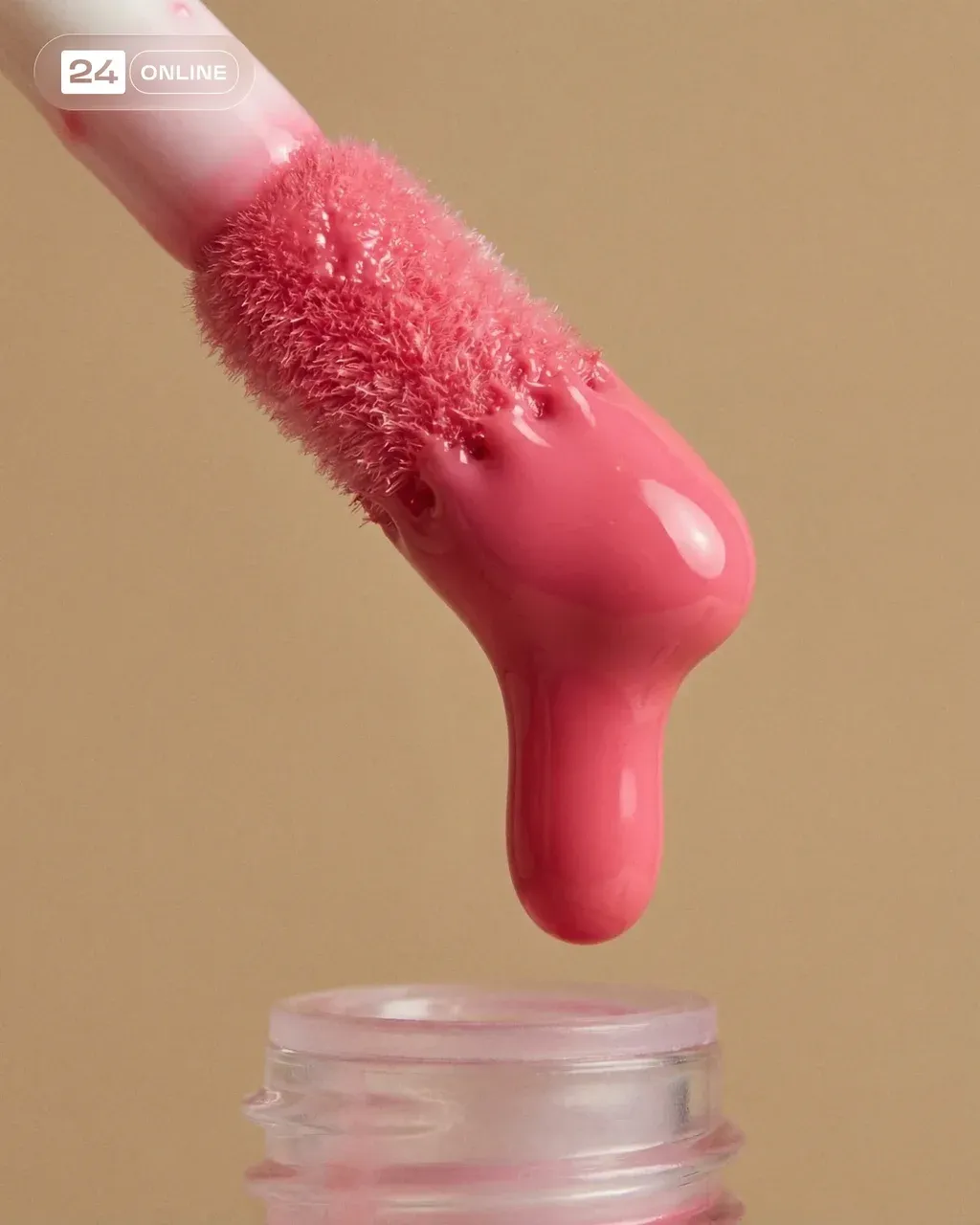 Hyper-realistic extreme macro product photography of a lip gloss doe-foot