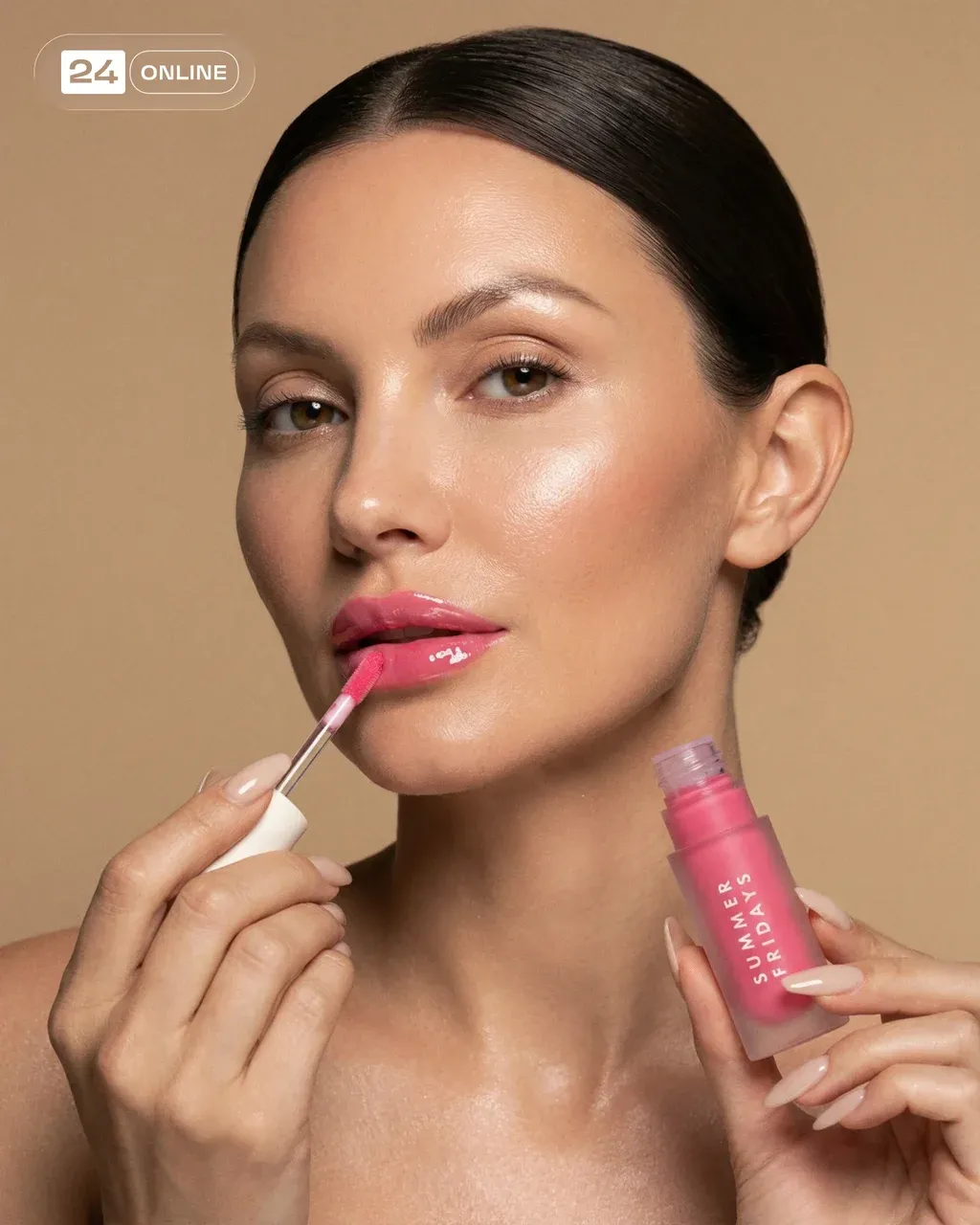 Hyper-realistic editorial beauty photography of a woman with slicked-back dark