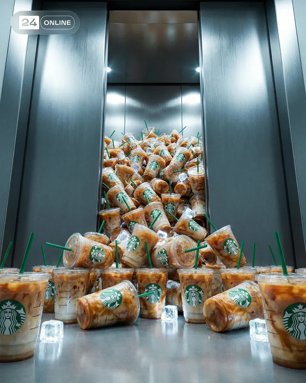 Create a hyper-realistic poster (4:5) depicting stylish office elevator doors