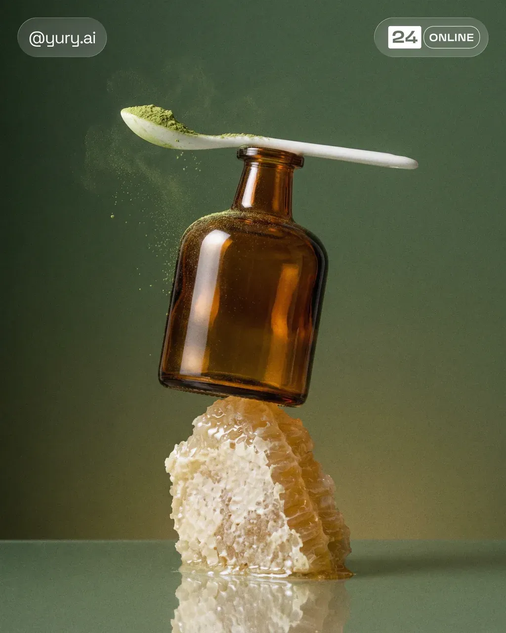 Amber glass apothecary bottle balancing on a fresh honeycomb, white