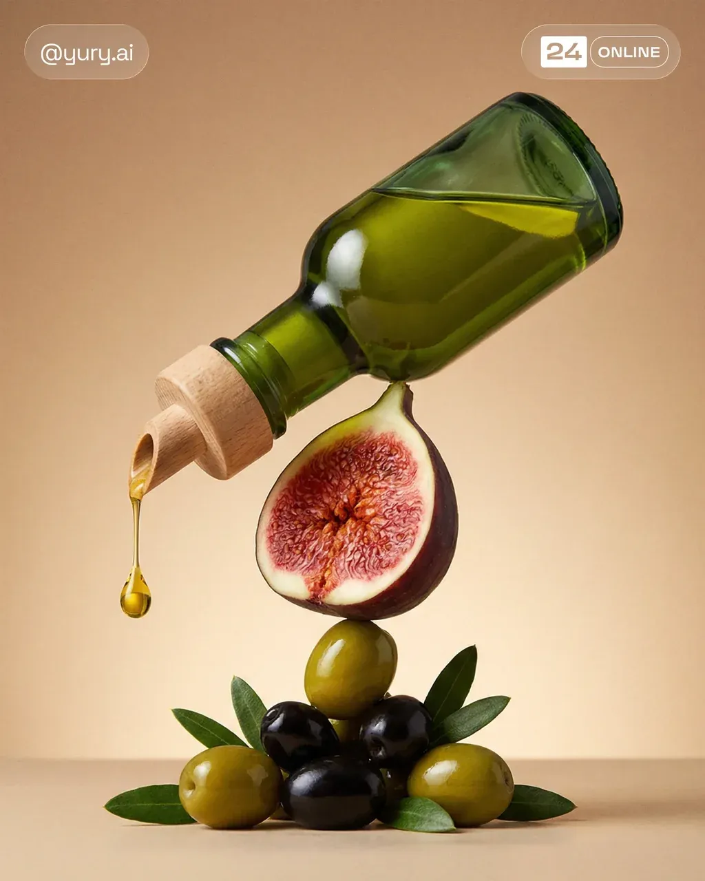 Green olive oil bottle tilted above a sliced fig, golden
