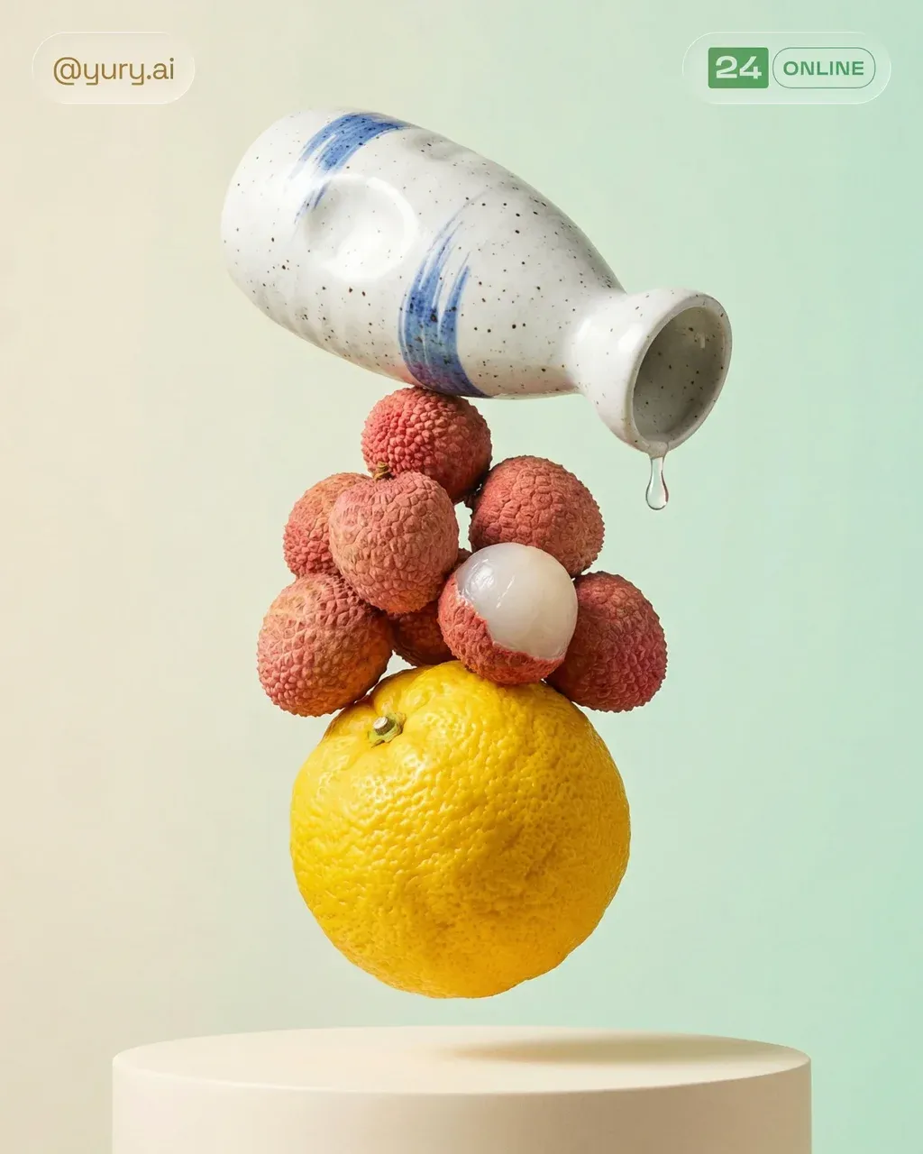 Ceramic bottle balancing on stacked lychee fruits placed on top
