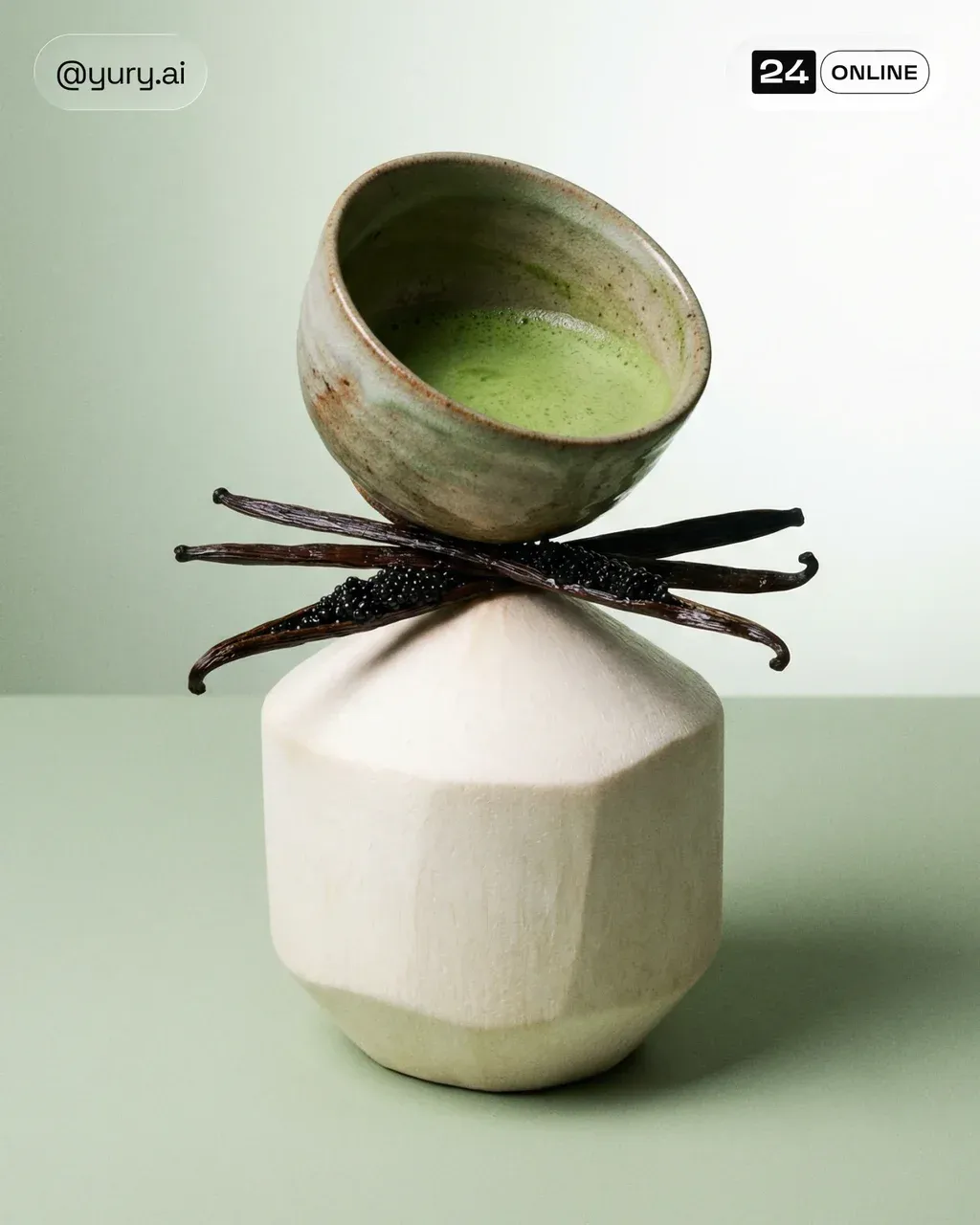 Matcha tea bowl placed on vanilla pods and black caviar