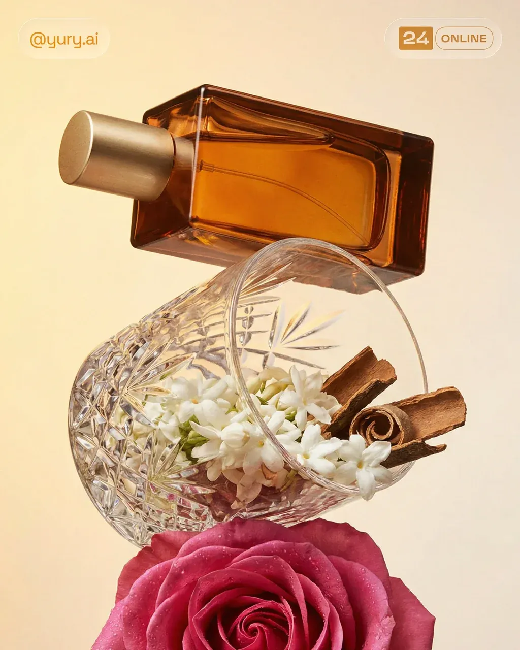 Luxury perfume bottle balanced on a crystal whiskey glass filled