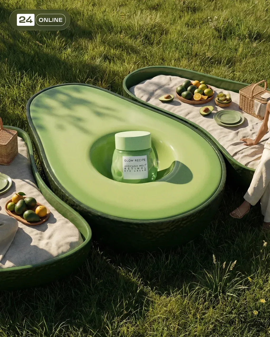 Hyper-realistic surreal campaign photo of a small round green glass