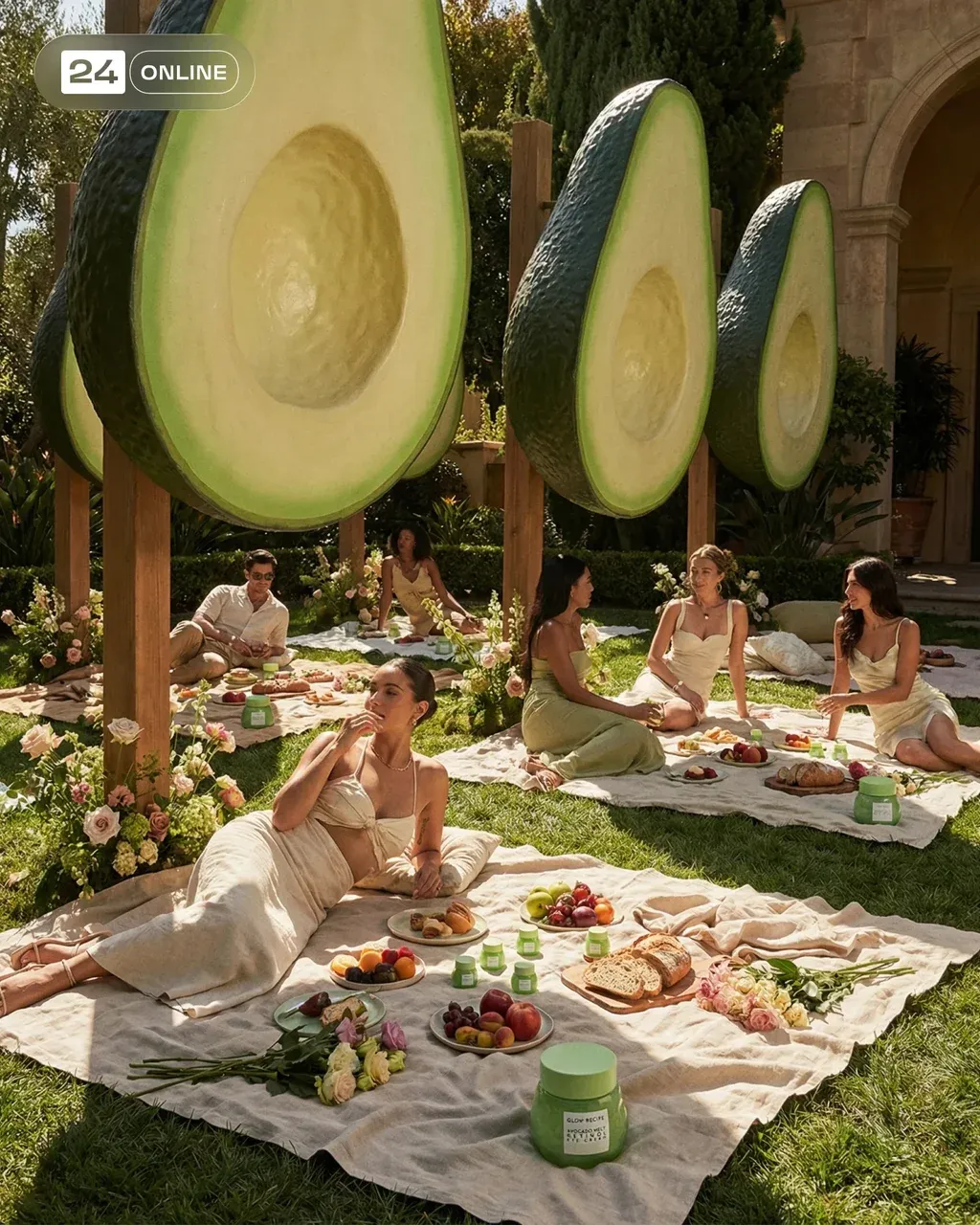 Hyper-realistic surreal editorial campaign photo of a luxurious garden party