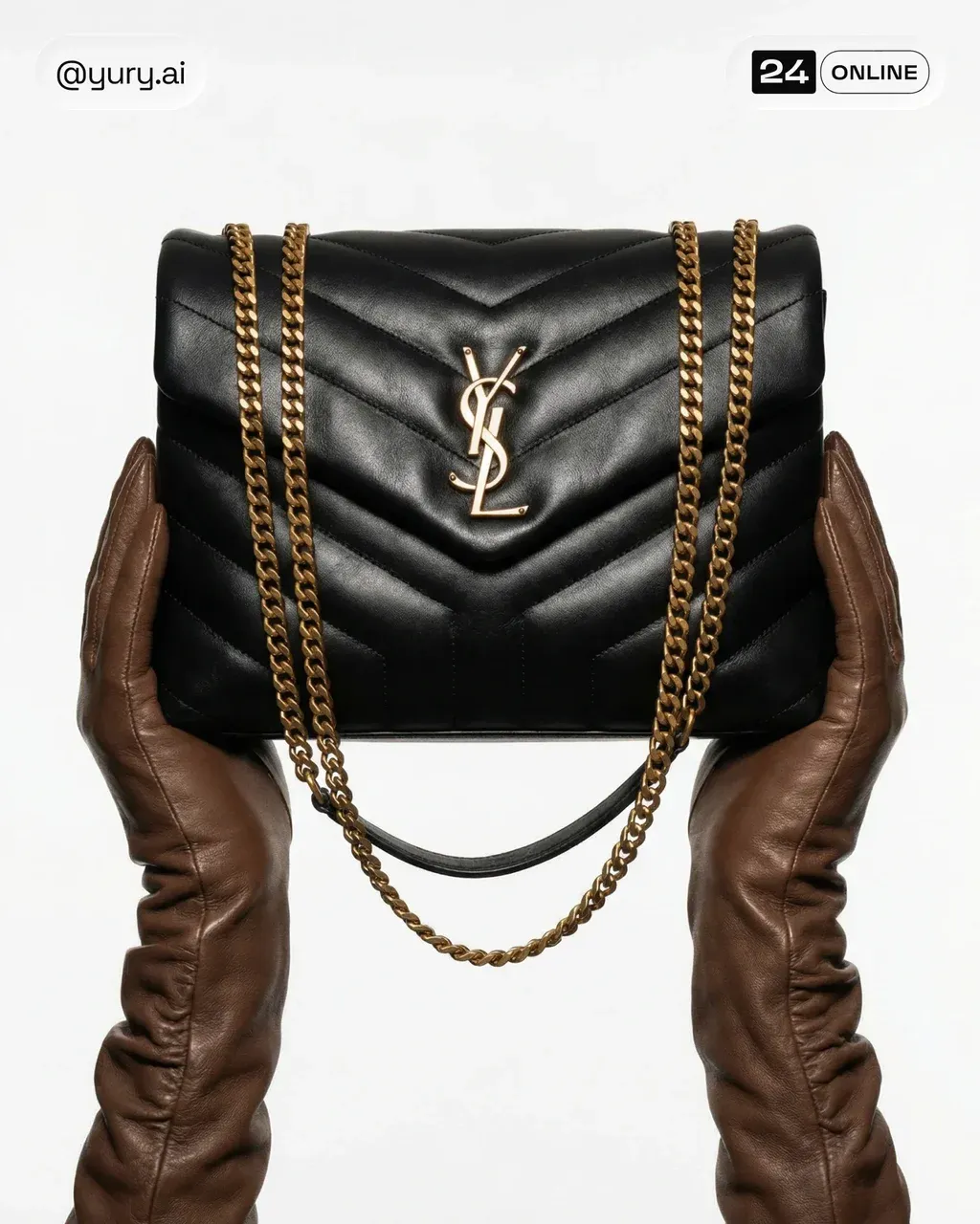 Minimalist luxury product photograph of a quilted black leather handbag