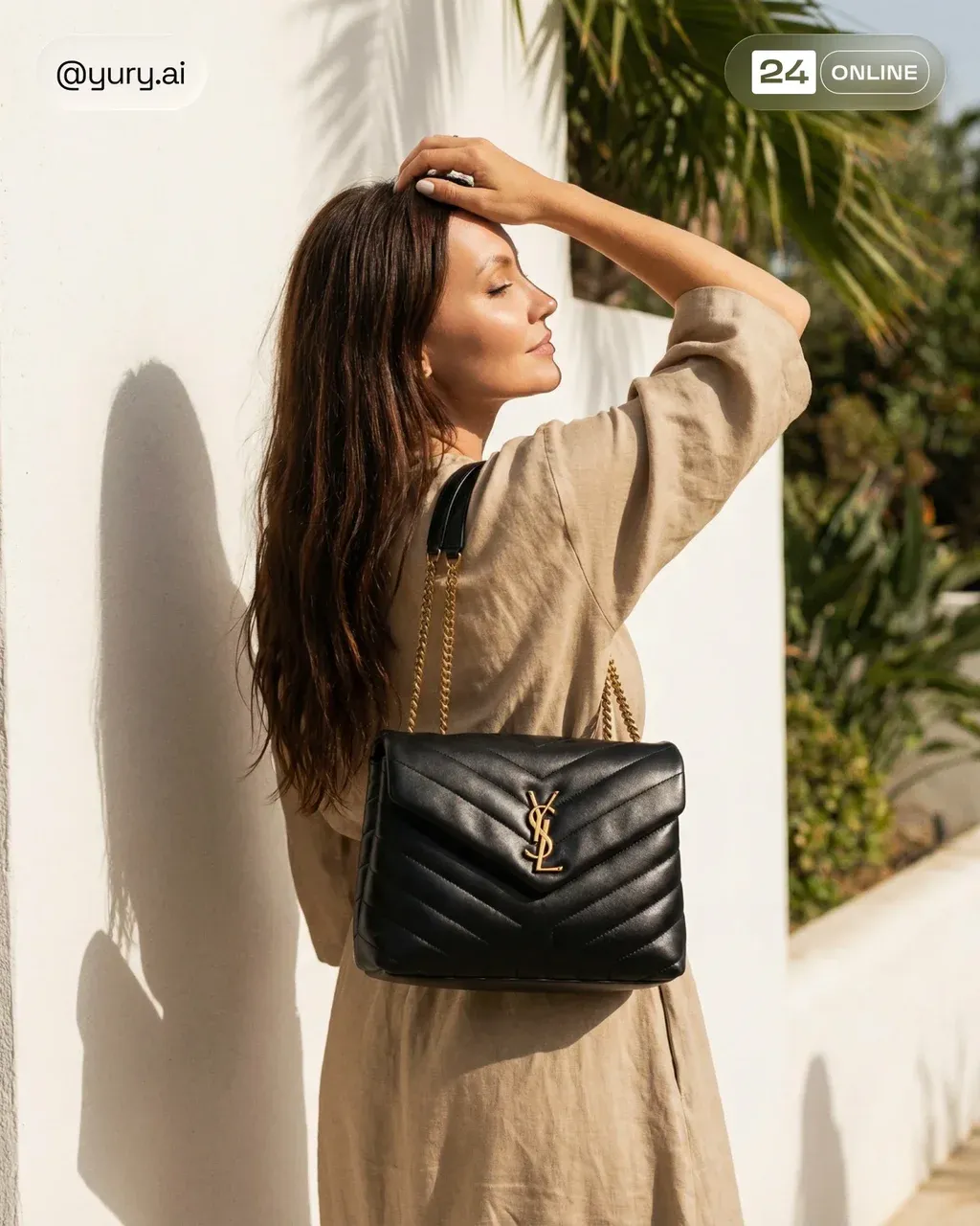 Lifestyle luxury fashion photograph of a female model walking outdoors