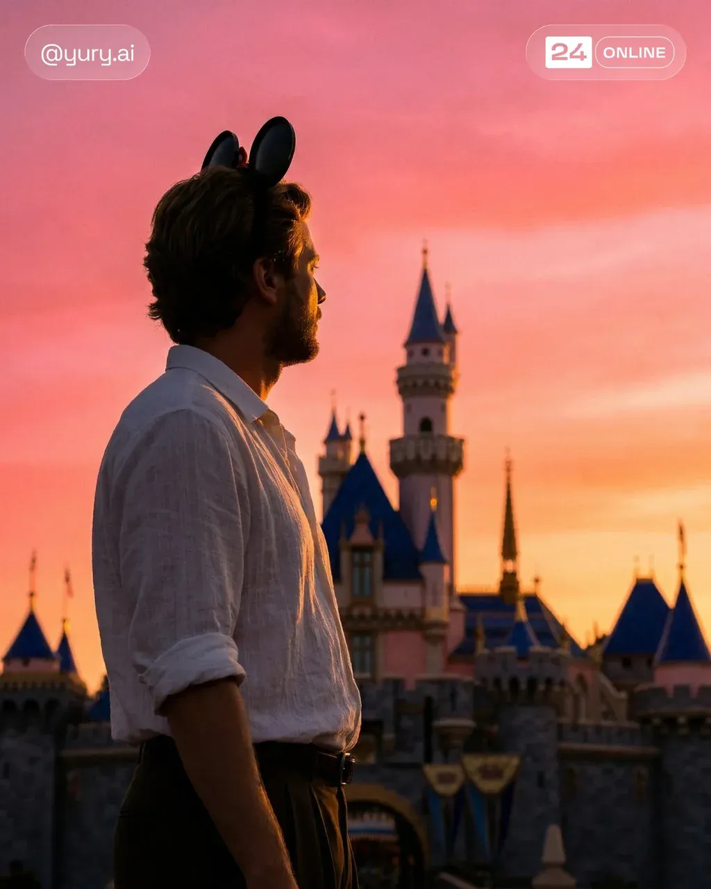 Cinematic golden sunset portrait of a man in profile wearing