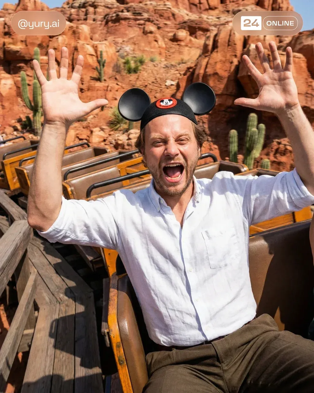 Dynamic action photo of a man wearing mouse-ear headband riding