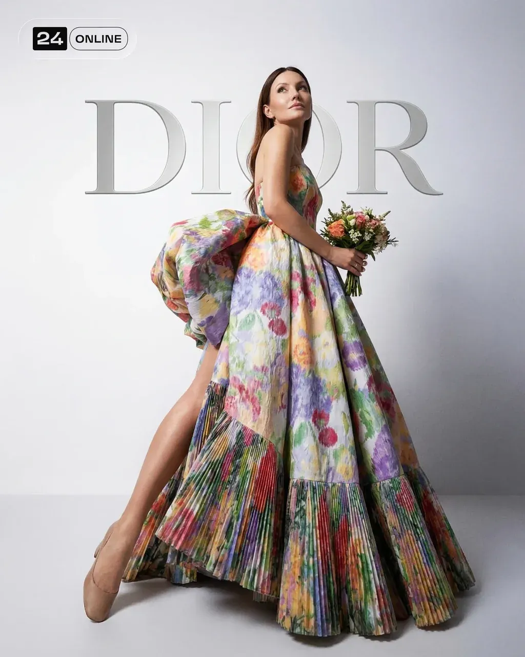 Hyper-realistic luxury fashion campaign photo of an elegant woman in