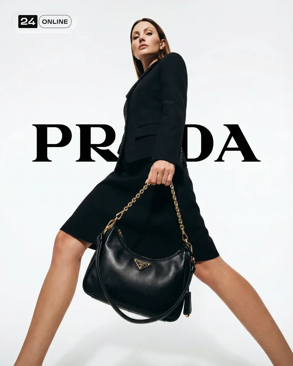 Hyper-realistic luxury fashion campaign photo of a tall elegant woman
