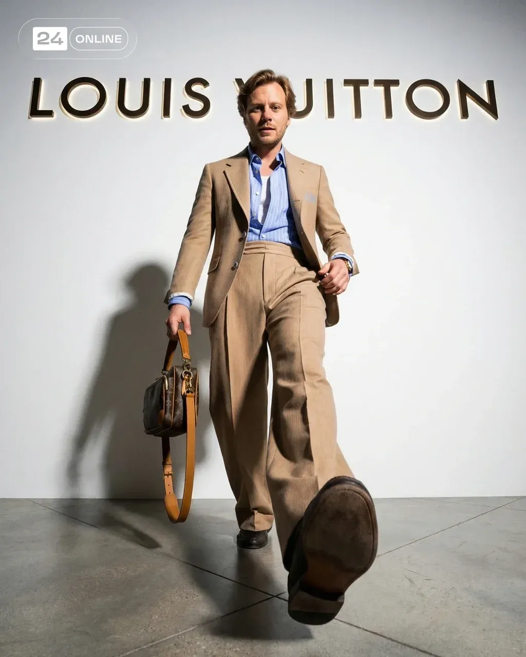 Hyper-realistic luxury fashion campaign photo of a stylish man in