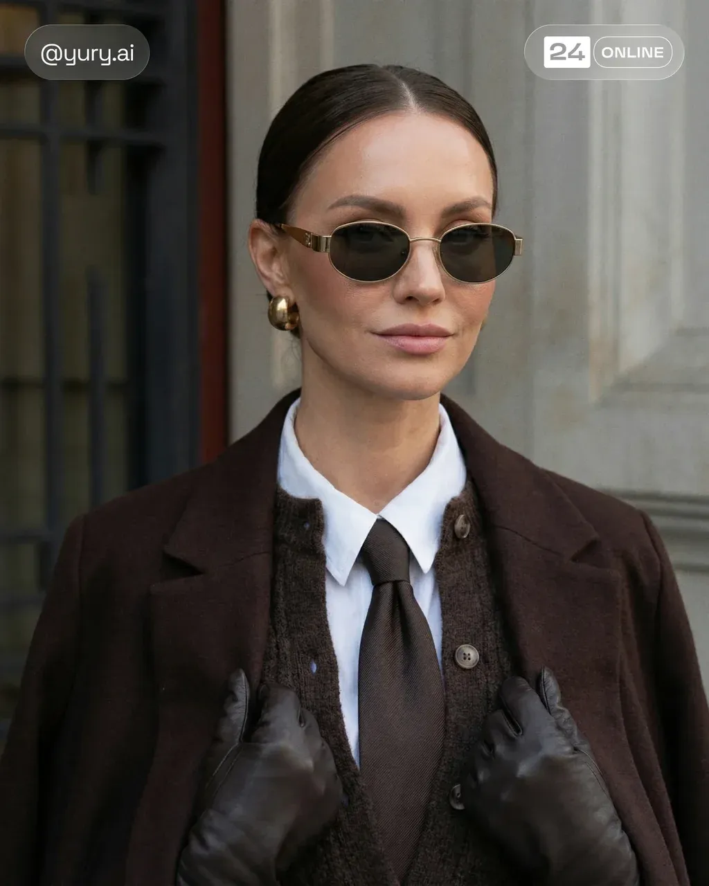 Close-up fashion portrait of a woman in monochrome brown tailored
