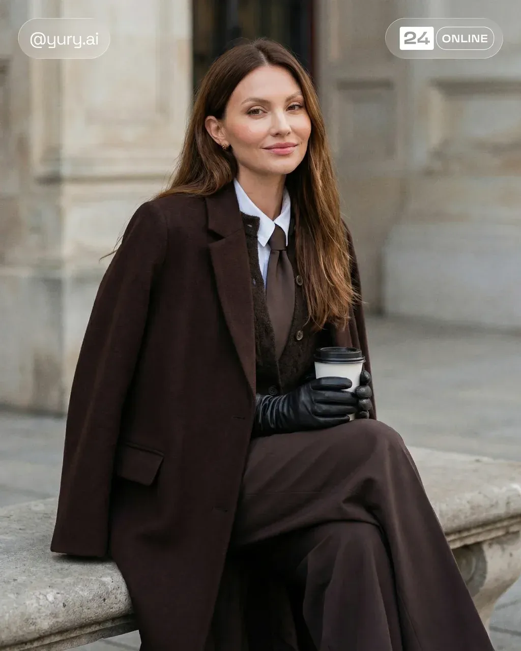 Cinematic street fashion portrait of a woman sitting on a