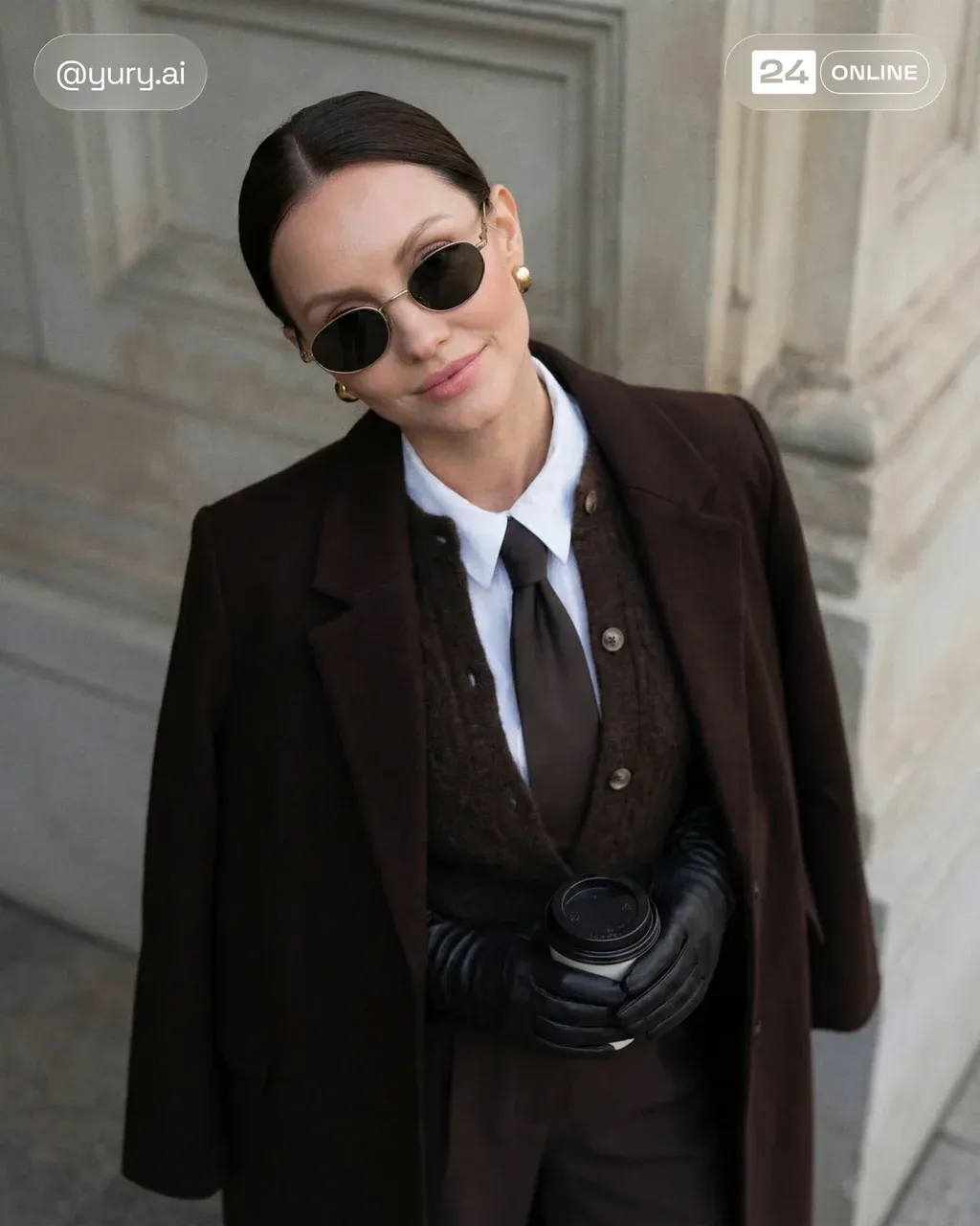 High-end fashion portrait of a woman wearing round dark sunglasses