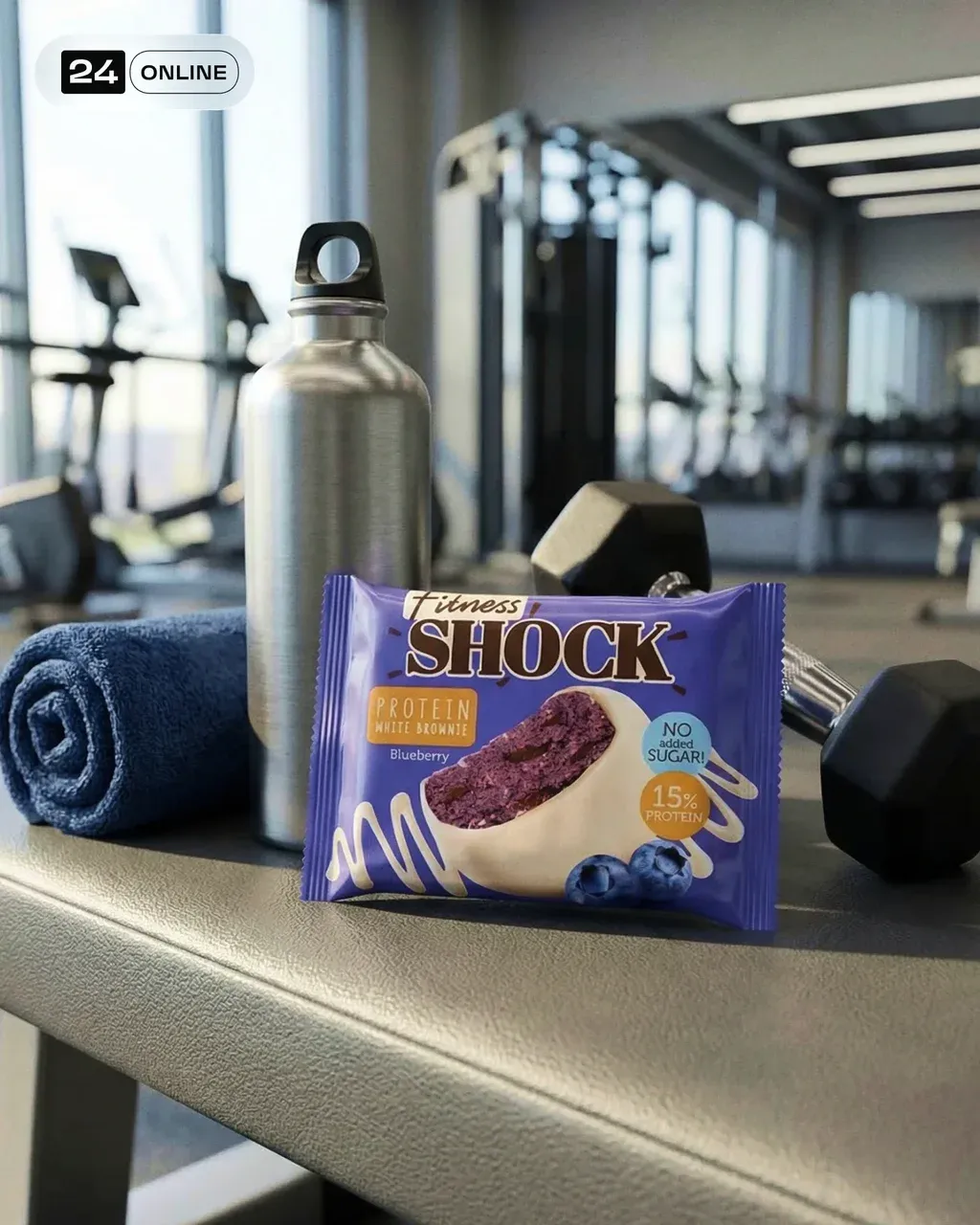 Fitness Shock protein blueberry brownie in packaging placed on gym