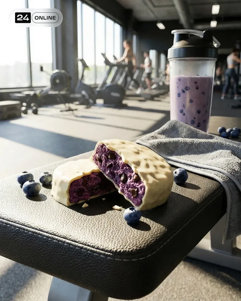 Protein blueberry white brownie cut in half placed on gym
