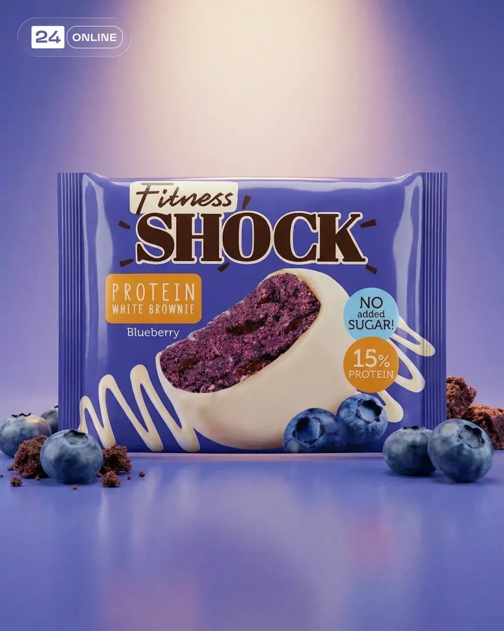Fitness Shock protein blueberry brownie packaging front view on purple