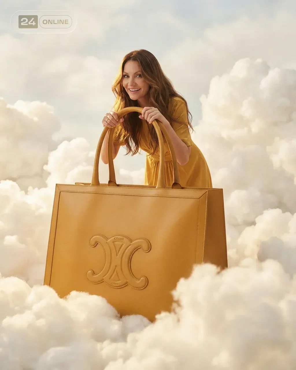 Hyper-realistic fashion campaign photo of a smiling woman with long