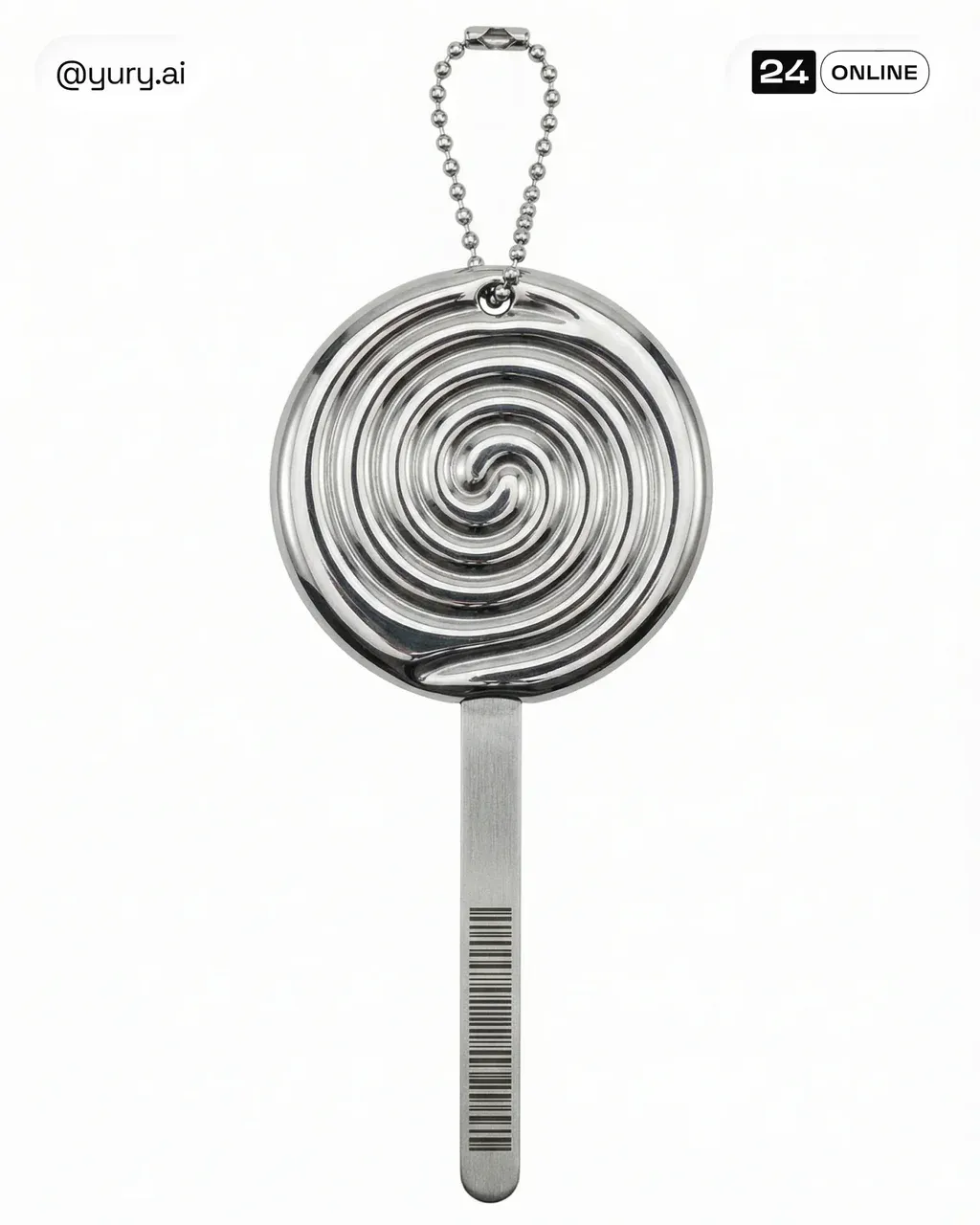 A large round swirl lollipop made of polished stainless steel,
