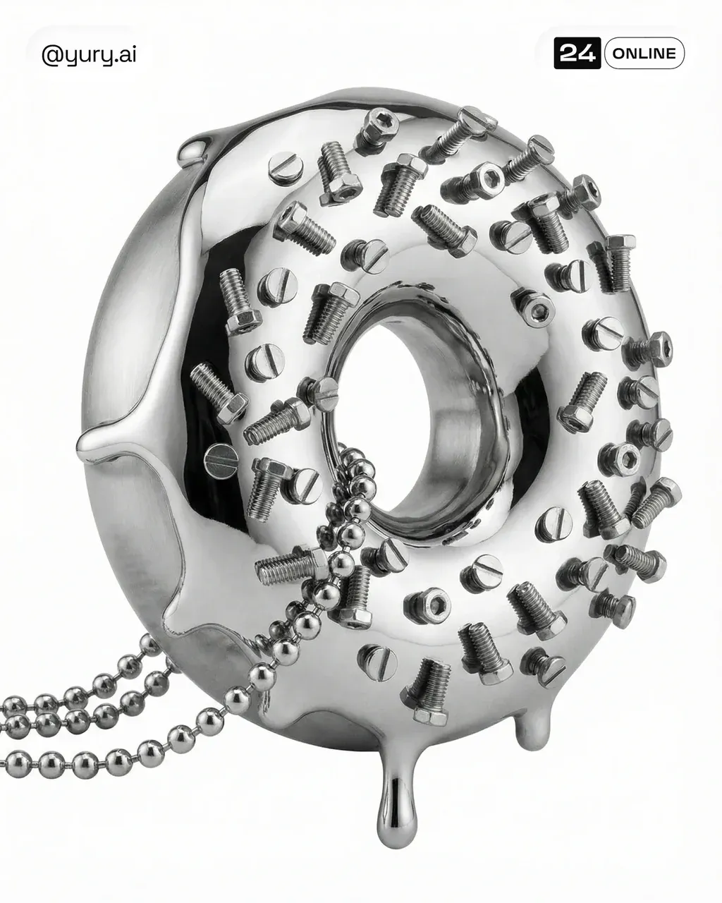 A donut made of polished stainless steel, the glaze rendered