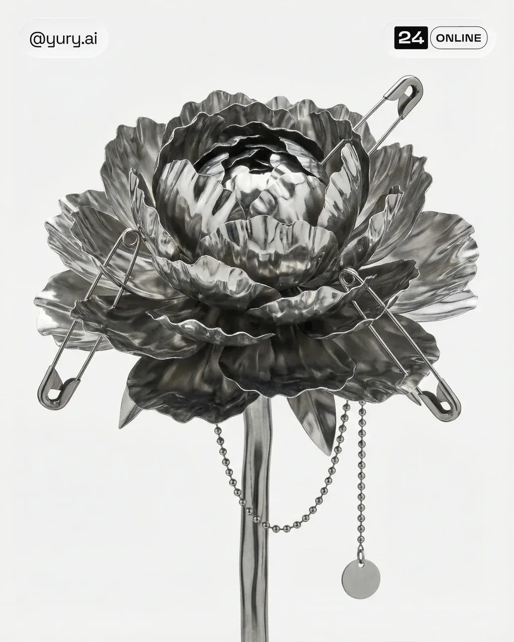 A large blooming peony made of polished stainless steel, layers