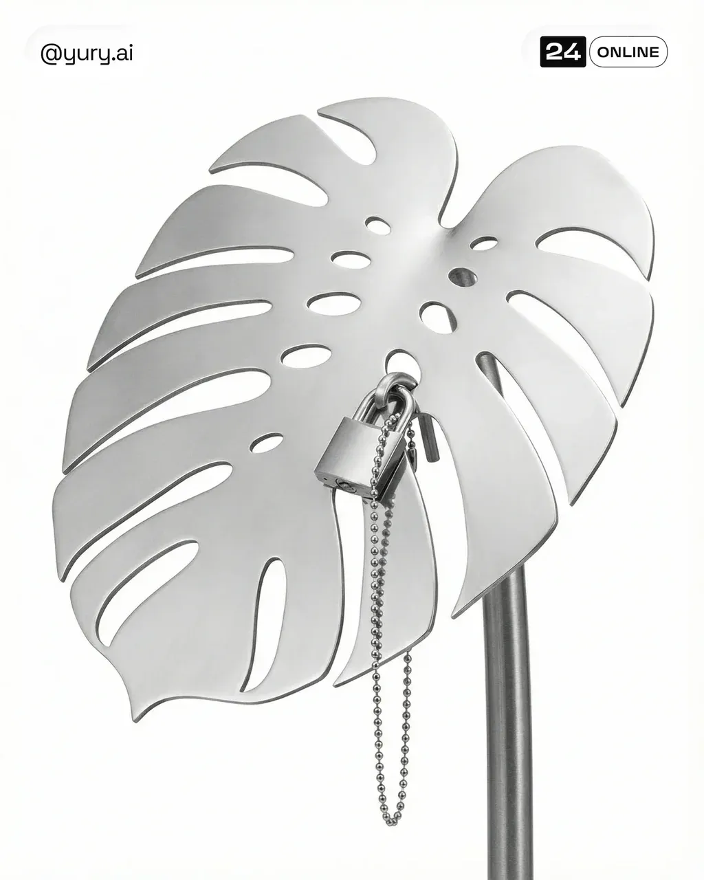 A single large monstera deliciosa leaf made of polished stainless