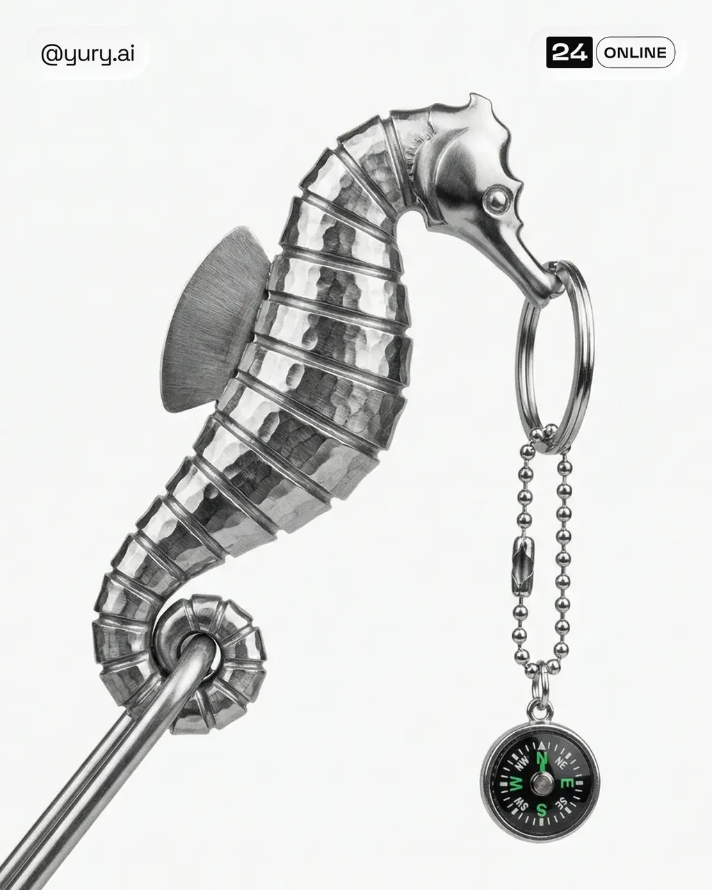 A seahorse made of polished stainless steel, the curled tail