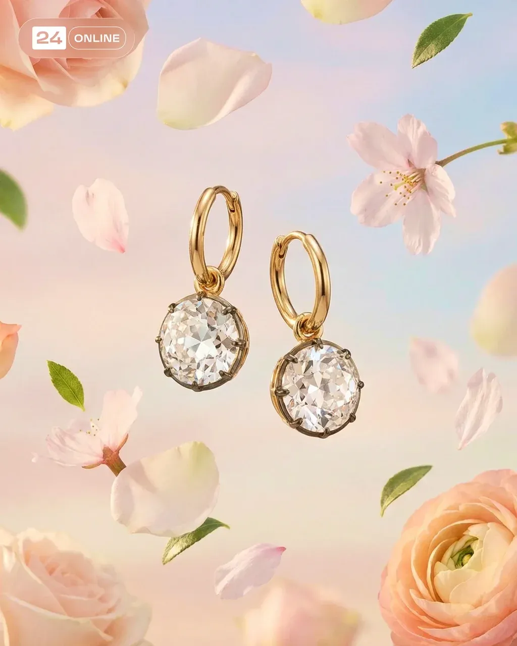 Hyper-realistic product photo of two gold hoop earrings with large