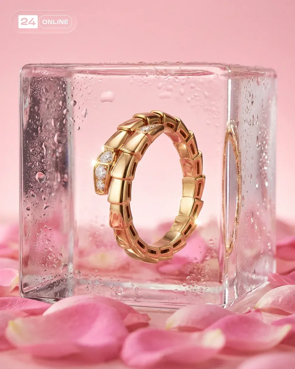 Hyper-realistic product photo of a gold segmented snake ring with