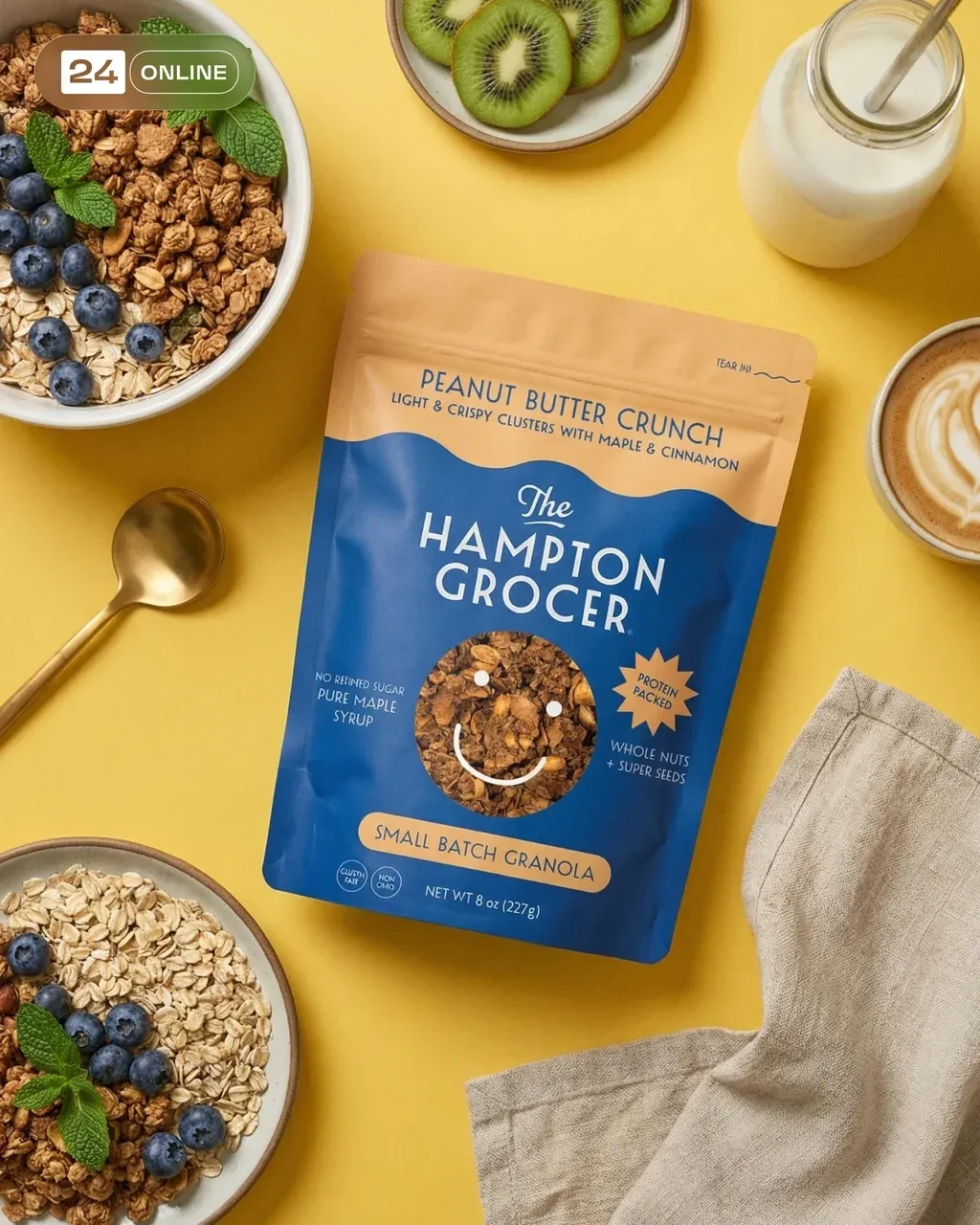 Hyper-realistic commercial food photography of PRODUCT PACKAGING placed on a