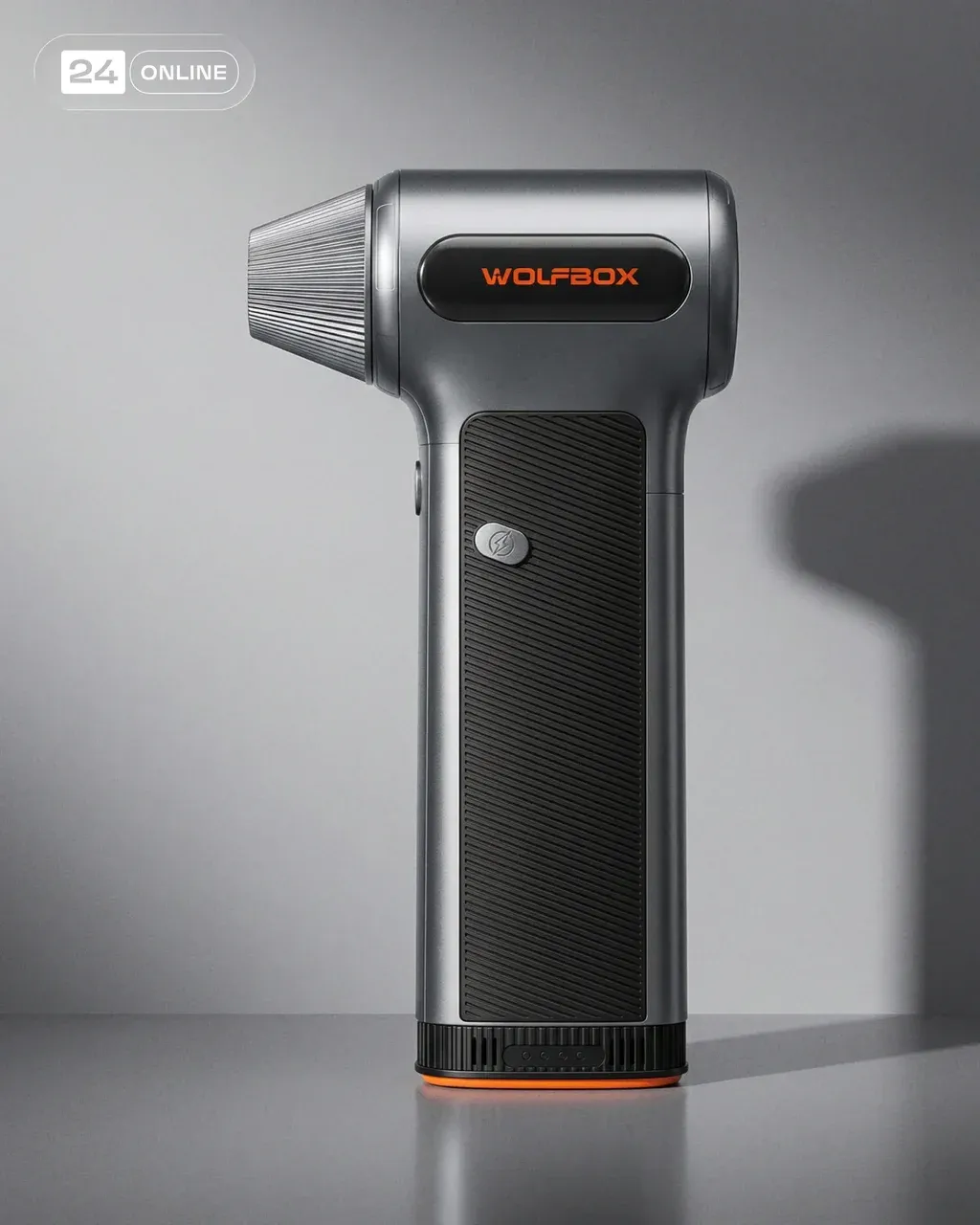 Minimal studio product photography of a handheld electric air blower